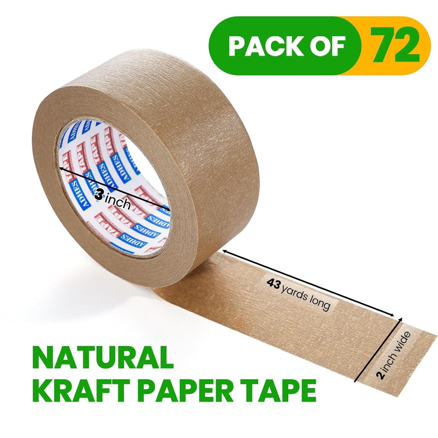 ADHES Heavy Duty Kraft Paper Tape Eco Friendly Packing Tape Writable Non-Coated Surface for Masking, Sealing, and Packaging Use,2” x 43 Yards,72Rolls