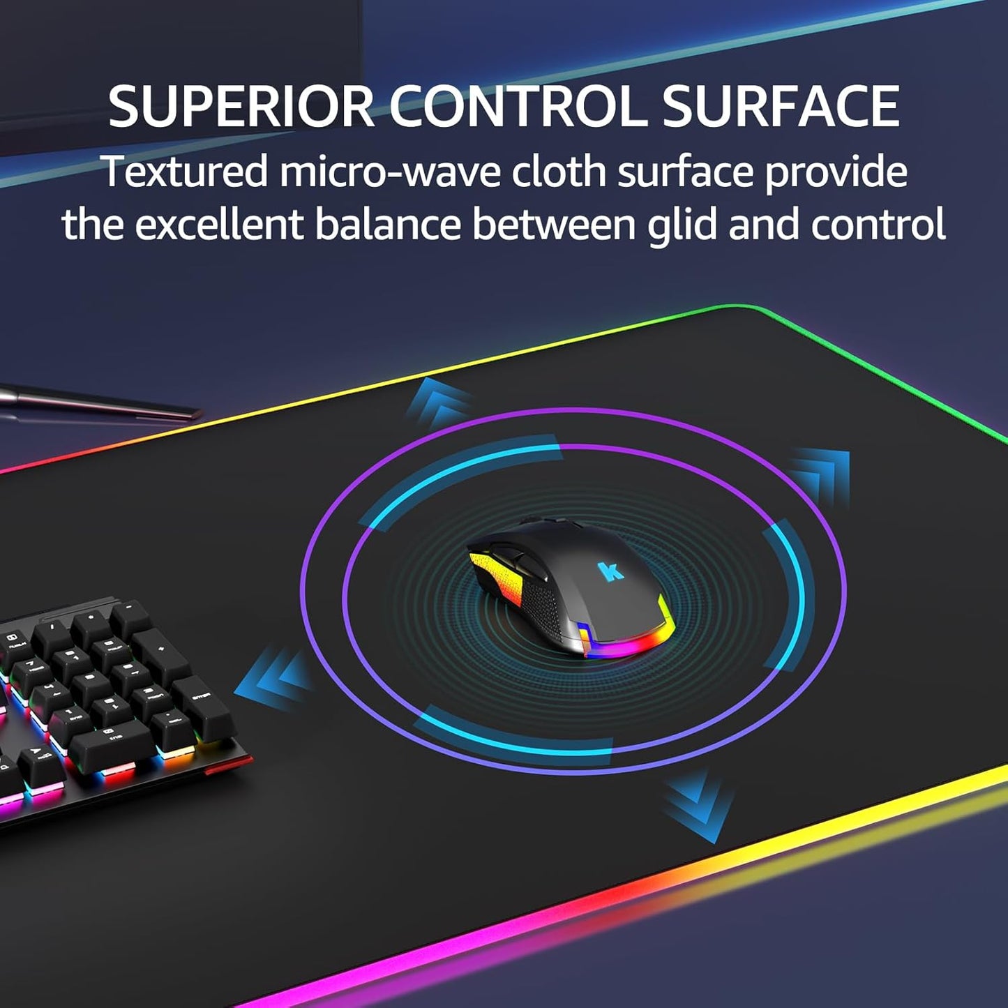 KTRIO RGB Large Gaming Mouse Pad with Stitched Edges, LED Extended Mousepad with Superior Micro-Weave Cloth, Non-Slip Base, Water Resist Keyboard Pad, Desk Pad for Gamer, Office & Home, 35.4 x 15.7 in