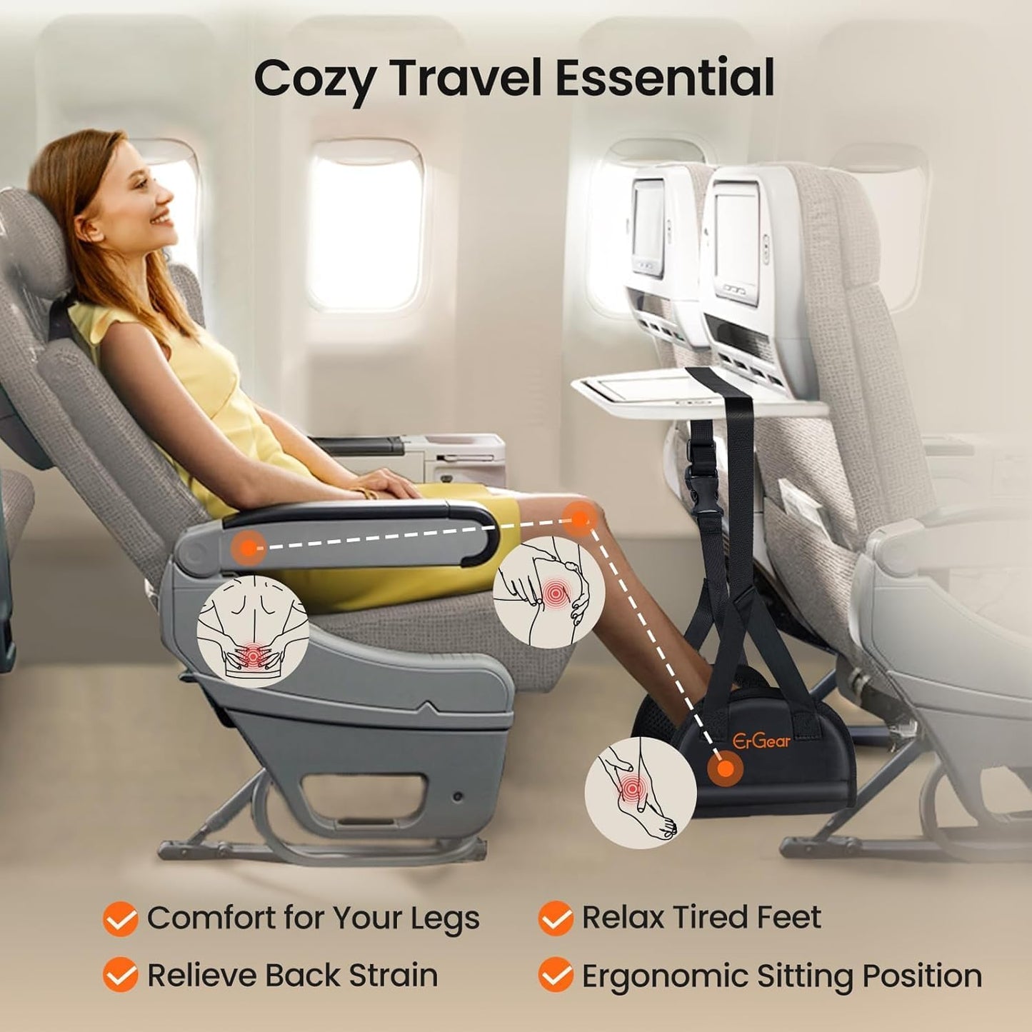ErGear Airplane Foot Hammock with Wide Hardboard Support, Foot Hammock for Plane Travel with Extended Adjustment Strap, Portable Airplane Foot Rest Travel Essentials for Long Flight