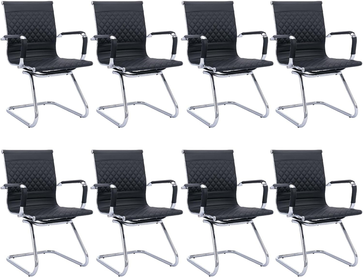 Office Guest Chairs - Set of 8 Modern PU Leather Mid Back Desk Chairs in Black