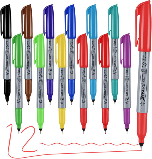 Permanent Markers, Ultra Fine Point Markers Set,12 Assorted Colors Work on Wood, Plastic, Paper, Metal, Stone, Glass for the Artist、Kids、Adult, 12 Count