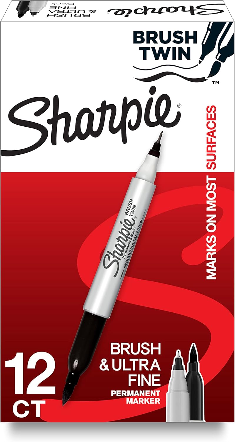 Sharpie Brush Twin Permanent Marker Brush Tip Marker and Ultra Fine Tip Black 12 Count