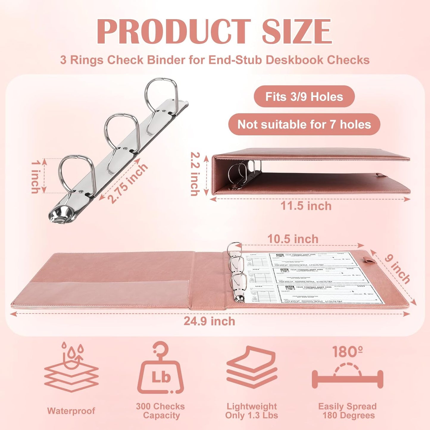 9" x11 1/4" PU Leather 3 Rings Personal Checks Binder for End-Stub Deskbook 3-Ring Binders for Desk Check fit 3 & 9 Holes Checkbook Binder Cover for Business Finances (Not Fit 7 Holes,Rose Gold)