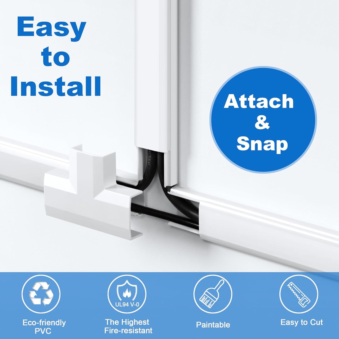 153in Wall Cable Hider, Cord Hider to Hide 3-4 Cords, TV Wire Hider for Wall, Cable Management Kit, Cable Raceway White, Paintable Cable Concealer, 9 x L17in x W1.18in x H0.6in