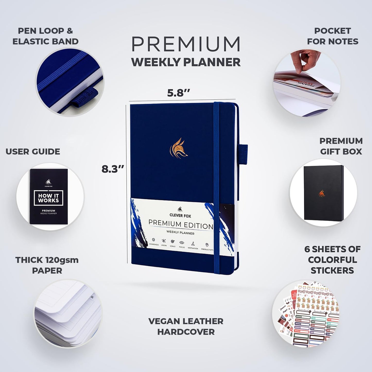 Clever Fox Planner Premium Edition – Undated Luxurious Weekly & Monthly Planner to Increase Productivity and Hit Your Goals – Organizer – Start Anytime, A5, Lasts 1 Year, Navy Blue (Weekly)