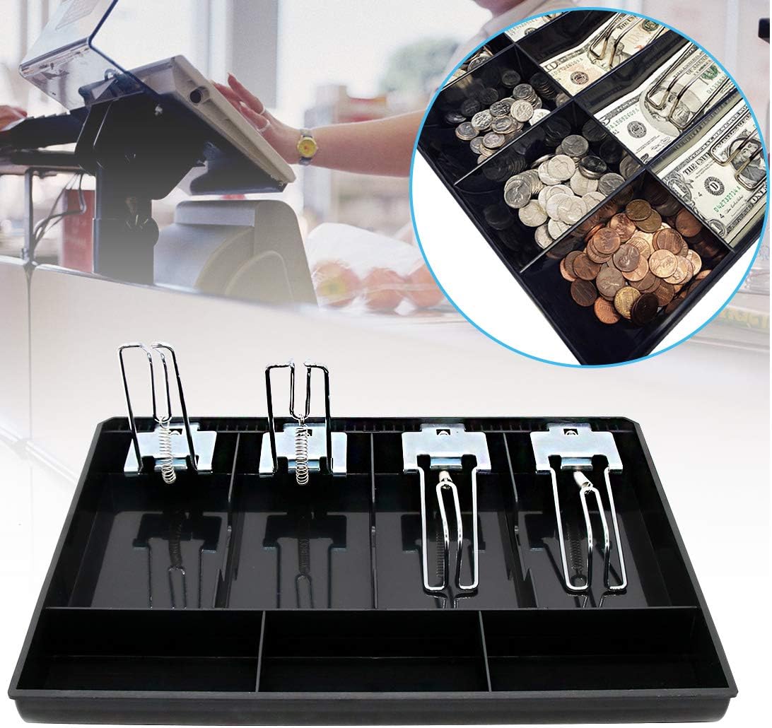 Cash Register Drawer Insert Tray 4 Bill/3 Coin Compartments with Metal Clip for Money Storage, Black