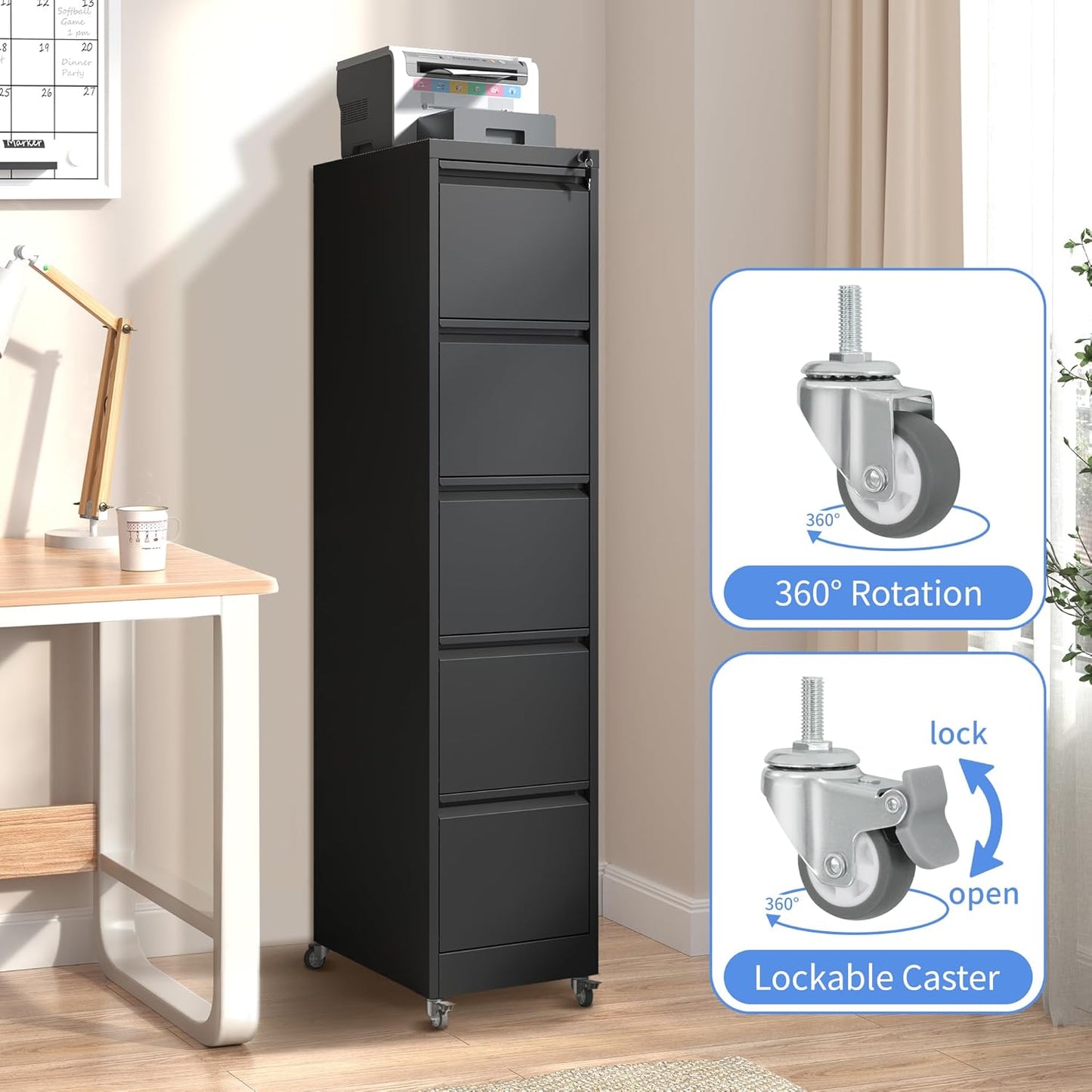 5 Drawer Mobile File Cabinet, Filing Cabinet Home Office for Letter, Legal Size, Black