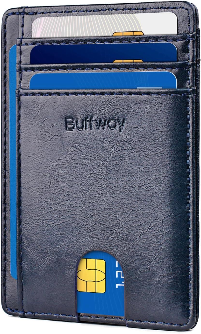 Buffway Slim Minimalist Front Pocket RFID Blocking Leather Wallets for Men and Women - Alaska Blue