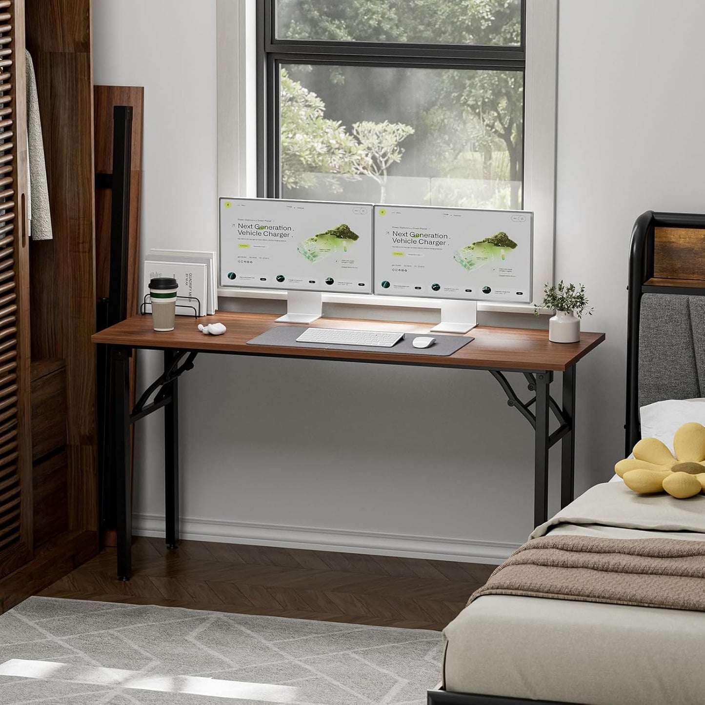 TEMI Long Computer Desk Folding Table - 55.1" Foldable Office Desk, No Assembly, Perfect Writing Table for Bedroom, Dorm, or Apartment, Portable Large Desk or Study Table with Compact Design, Walnut