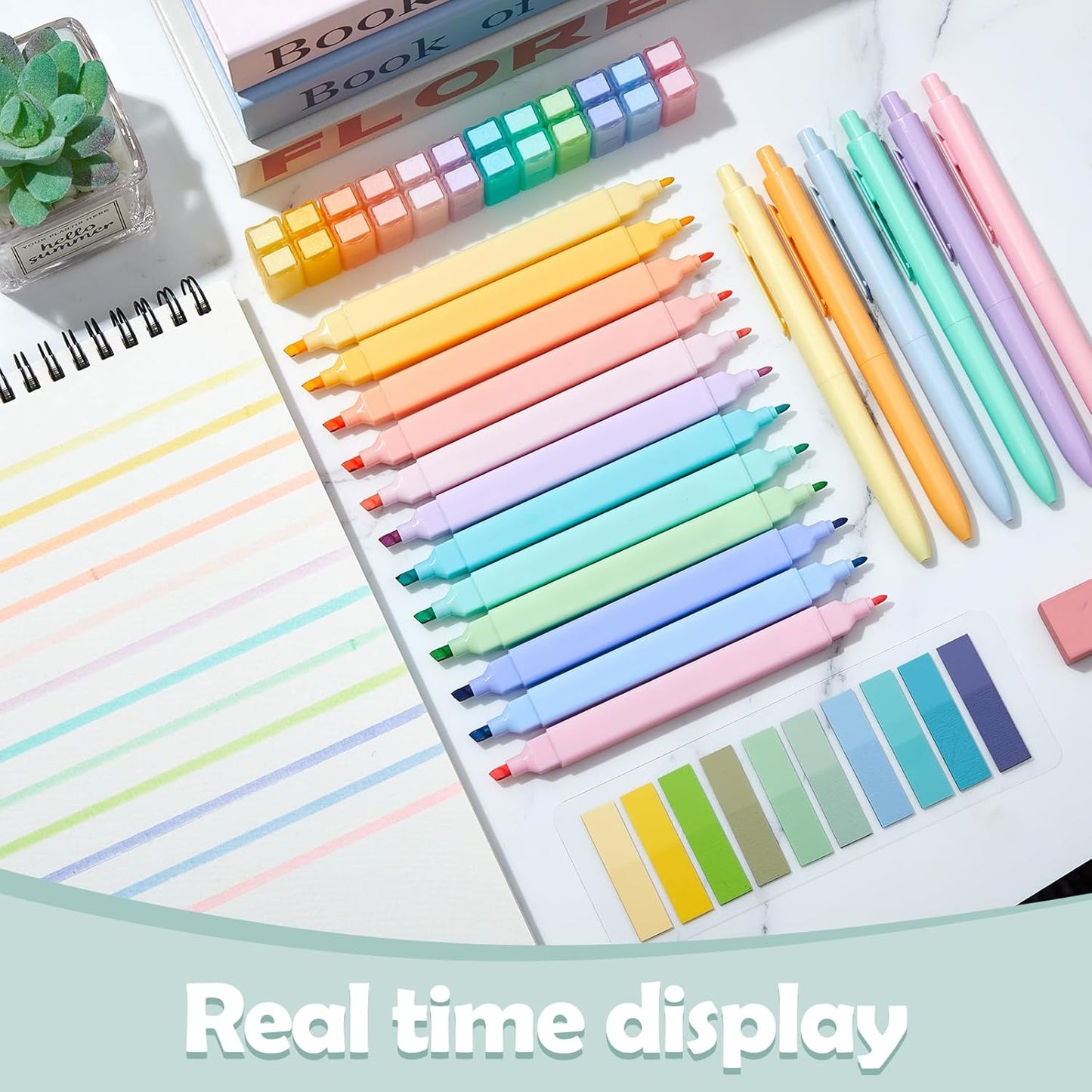 Jutom 38 Pcs Book Annotation Kit Aesthetic Highlighters Gel Pens Set Sticky Notes Tabs Markers Dual Ended Highlighter Quick Dry Ink Pens for Office Annotating Books(Bright Color,Square)