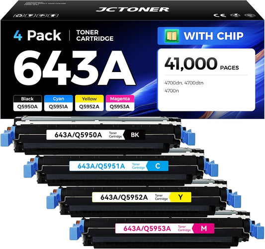 643A Toner Cartridge Set 4-Pack with Chip High Yield Replacement for HP 643A Q5950A Q5951A Q5952A Q5953A Compatible with HP Color Laserjet 4700dn 4700dtn 4700n Printer Ink (Black Cyan Yellow Magenta