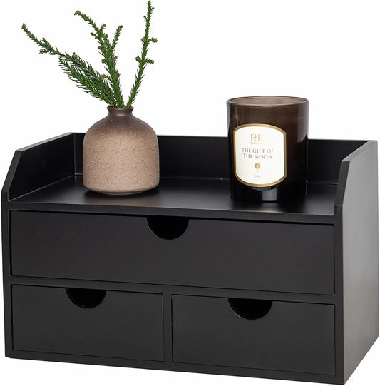 ROSE BLOOM Black Wood Desk Organizer with 3 Drawer, Mini Cute Cabinet with Storage Shelf for Tabletop, Small Desktop Box Organizer for Cosmetic Office Supplies