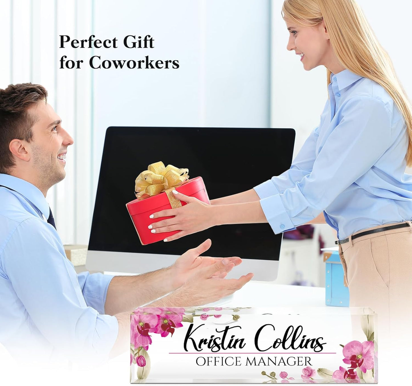 Custom Name Plate for Desk, Acrylic Office Decor For Women Men, Personalized Office Desk Accessories, Teacher Employee Appreciation Gifts For Social Worker Boss Coworkers (Flowers-2)