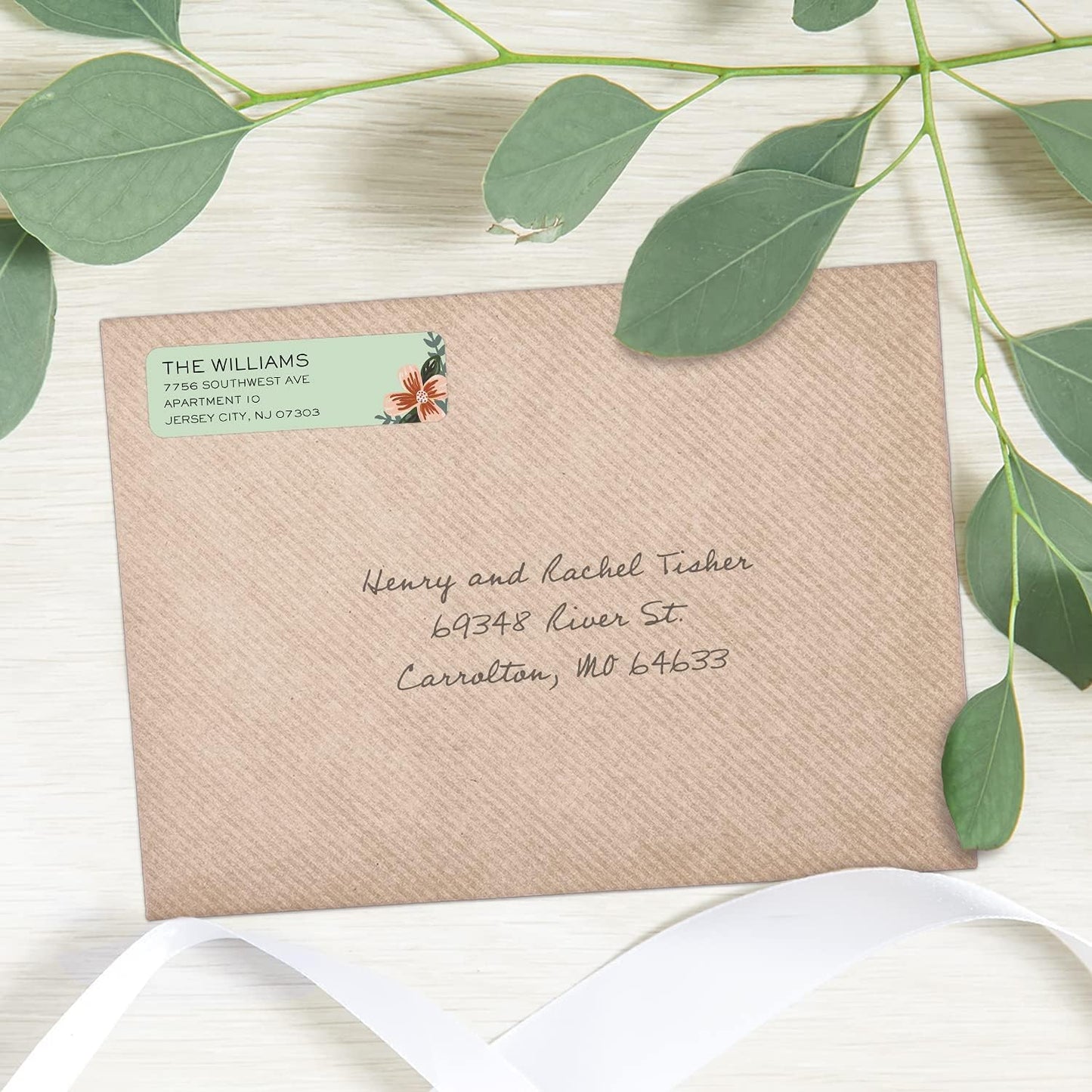 Mint and Pink Floral Rolled Address Labels/Roll of 250 Personalized Return Address Labels/Designer Return Address Stickers in Elegant Plastic Dispenser