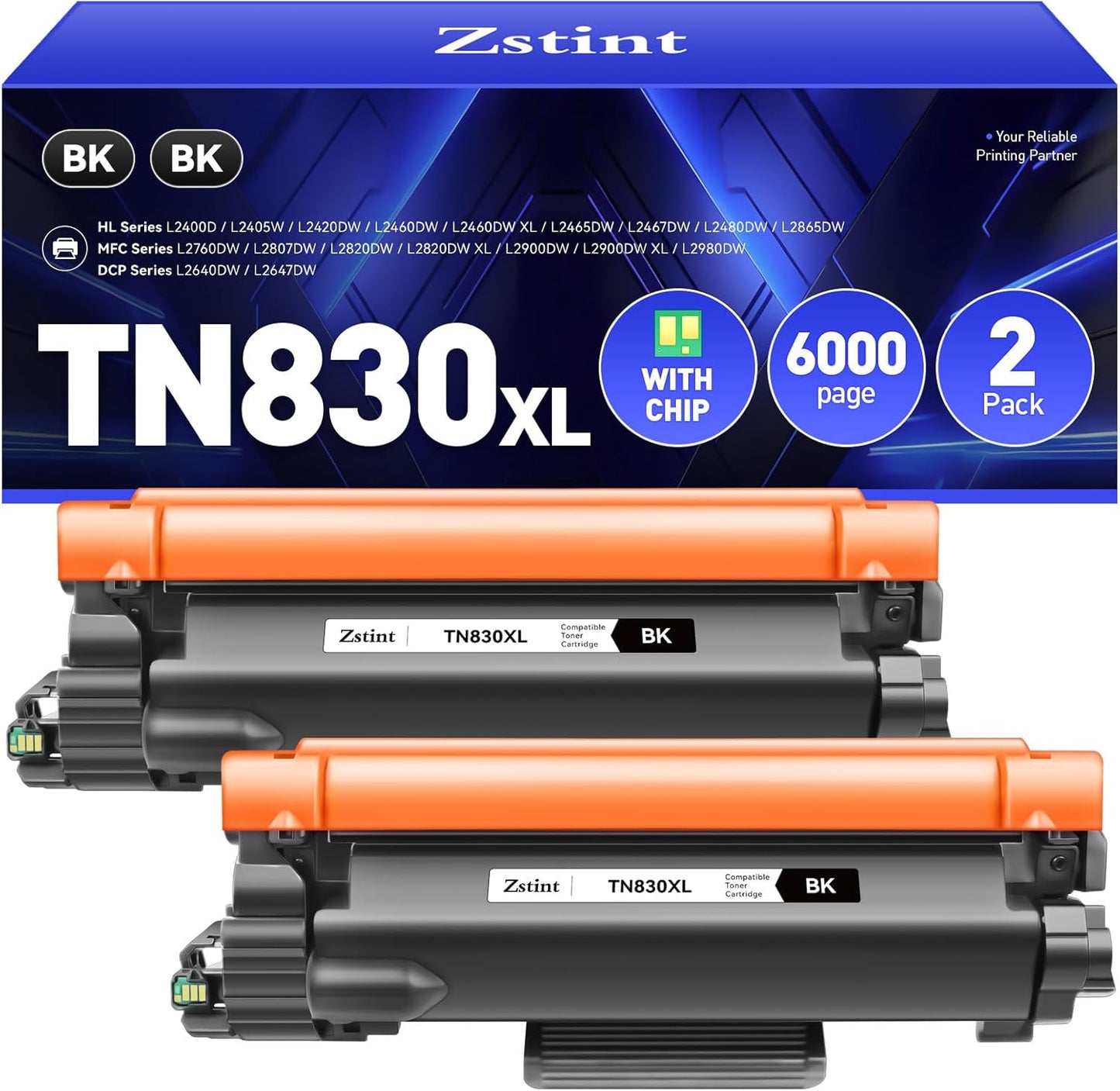 TN830XL Black Compatible Toner Cartridge 2-Pack High Yield Replacement for Brother TN830xl TN830 to use with HL-L2460DW DCP-L2640DW HL-L2480DW HL-L2400D HL-L2405W MFC-L2820DW MFC-L2900DW Printer Ink