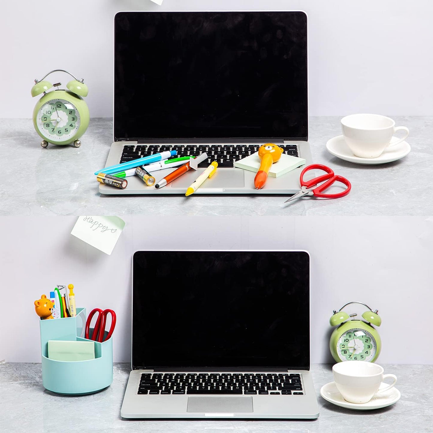 Desk Pencil Pen Holder, 3-Slot 360 Spinning Desk Organizer, Cute Pencil Cup Pot for Office, School, Art Supply - Blue