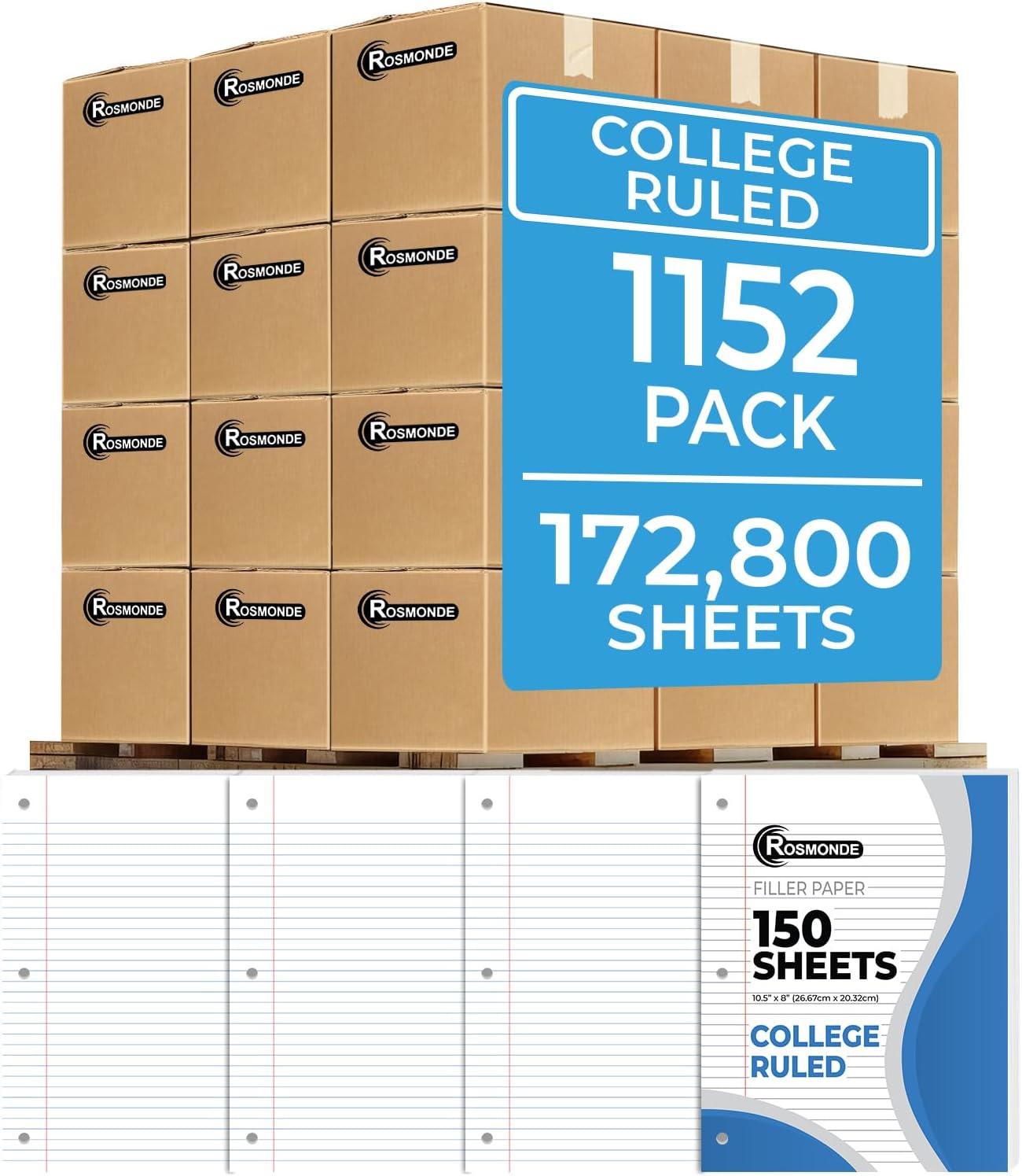1152 Pack (Pallet) Loose Leaf Paper Bulk, 172800 Sheets,College Ruled, Pallet of Filler Paper, 150 Sheets/Pack, 8 x 10.5",3 Hole Punched, 56 Gsm Thick Sheet, School & Office, 4-7 Days Transit