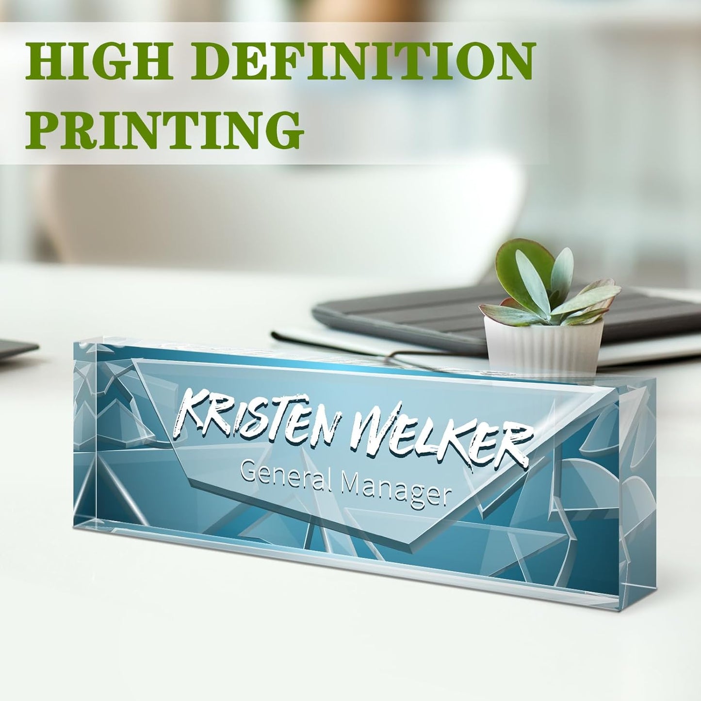 Gowellly Desk Name Plate Personalized - Custom Acrylic Name Plate for Desk - Enterprise Custom Logo/Text nameplates - Employee Appreciation Gifts (Broken Glass-2)