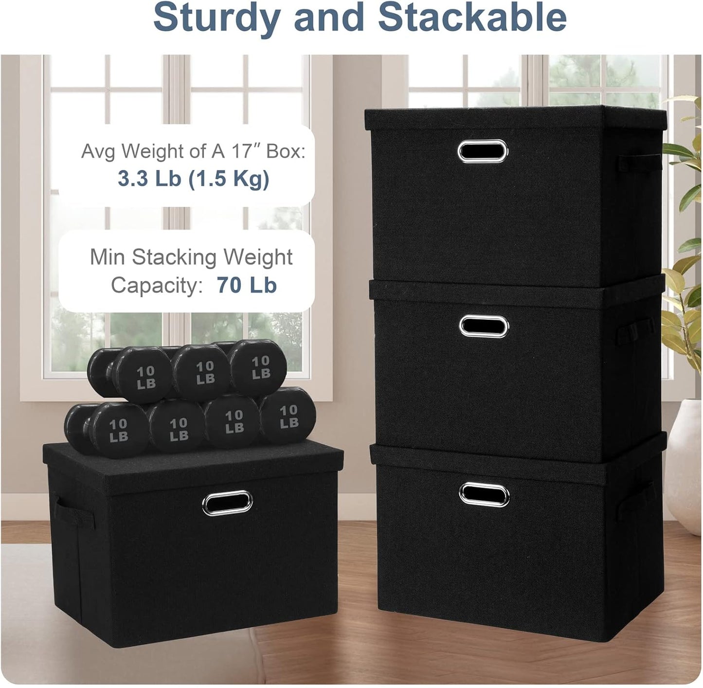 Large 17" 36 Quart Collapsible Stackable Storage Bins with Lids, 5 Packs Black Linen Fabric Closet Boxes with Lids, Storage Cube Baskets Container Organizers for Bedroom Office(17 x12 x11)