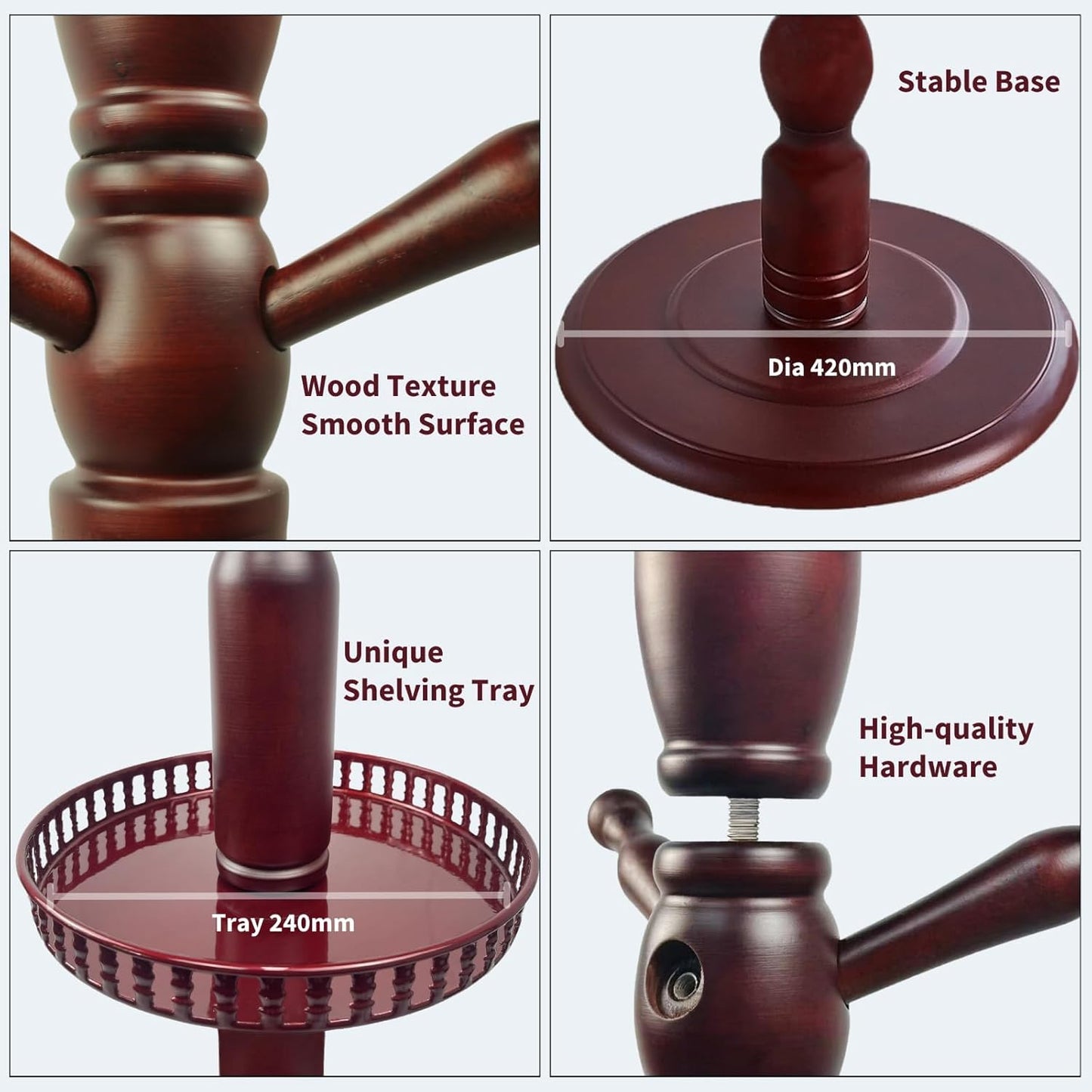 Coat Rack, Birch Wooden Hall Tree Coat Rack Free Standing with 9 Hooks, Wooden Round Base，Coat Tree for Home/Office/Entryway/Hallway （Dark Red ）