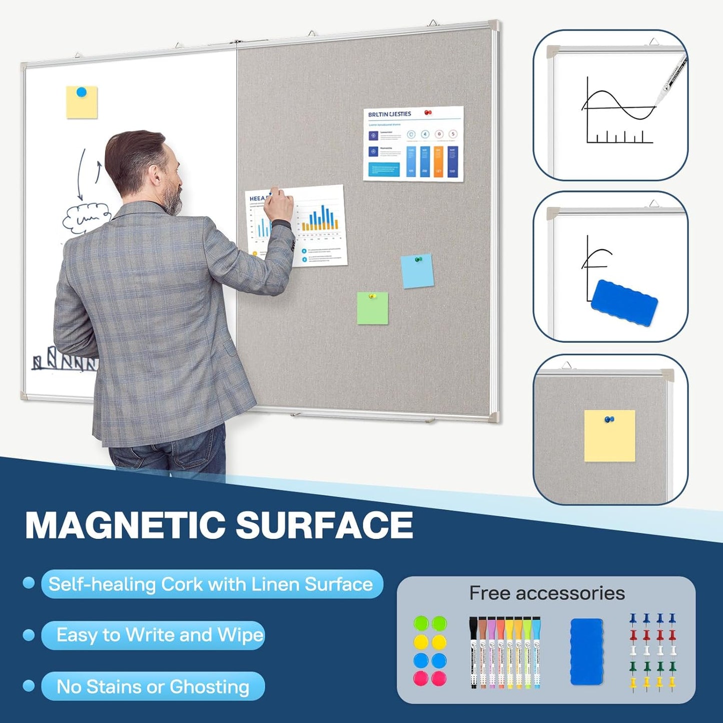 Large White Board Dry Erase Foldable Bulletin Board Combo, 48" x 36" Double Sided Dry Erase Board for Wall, Magnetic Whiteboard Bulletin Board with Linen for Office, Home, School, Kitchen -Gray