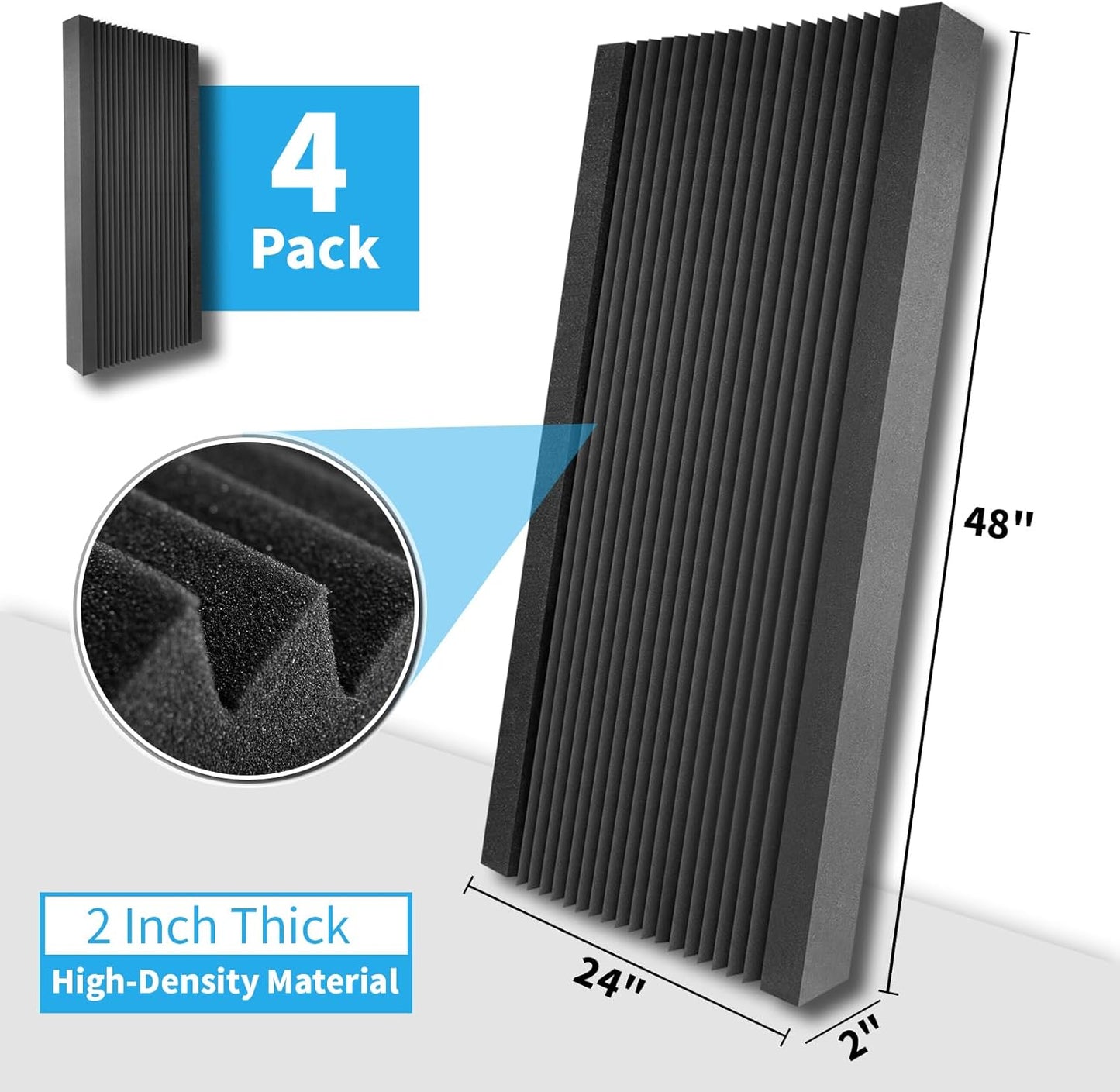 Art3d 4-Pack Wedge Design Acoustic Foam Panels, 48" x 24" x 2" High-Density Soundproof Foam Wall Panels for Wall, Ceiling, Quick-Recovery Noise Dampening Panels for Office, Studio and Home