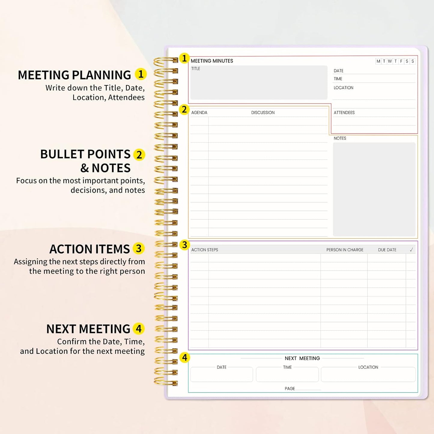 SUNEE Meeting Notebook for Work with Action Items - 160 Pages, A4 Size Project Planner, Spiral Meeting Agenda/Minutes Notebook Organizer for Women Men, Note Taking, Office & Business, 8.5"x11", Purple