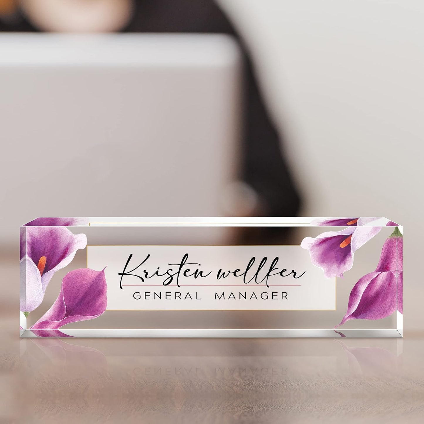 Desk Name Plate Personalized, Premium Purple Calla Lily Acrylic Desk Name Plate, Personalized Name Plate for Desk, Office Decor for Women or Men Coworkers, Boss, Employee, Teacher