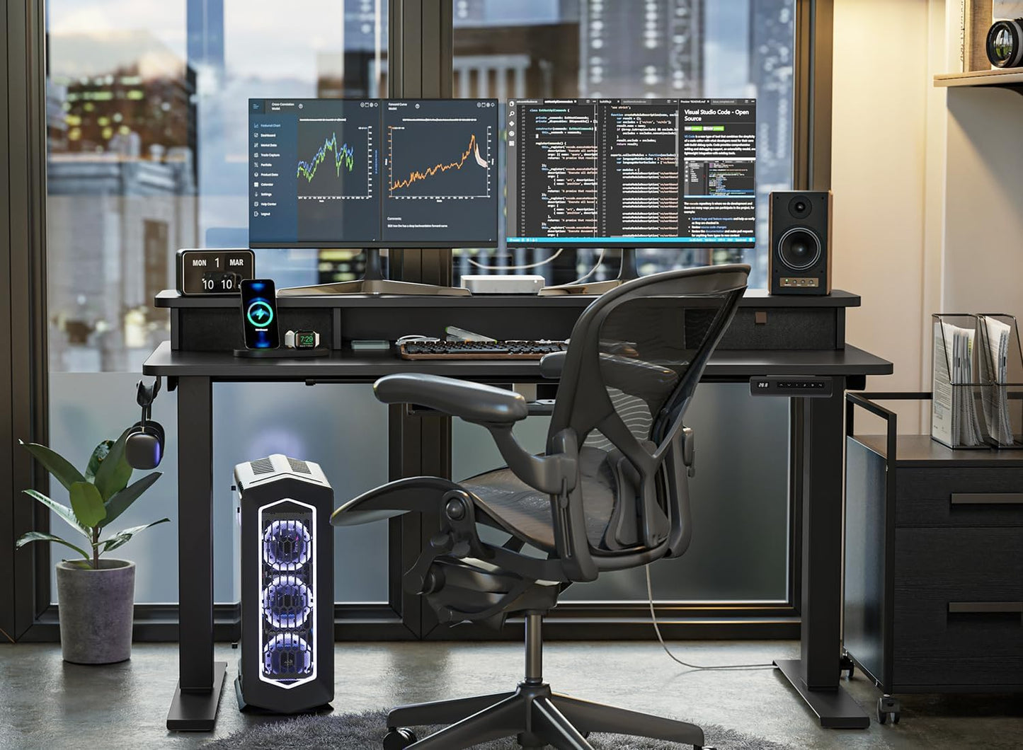 FEZIBO 63 x 28 Inch Deeper Height Adjustable Electric Standing Desk with Double Drawers, Sit Stand Up, Home Office Computer Desk with 4 Height-Adjustable Feets & 2 Hooks, Black Frame/Black Top