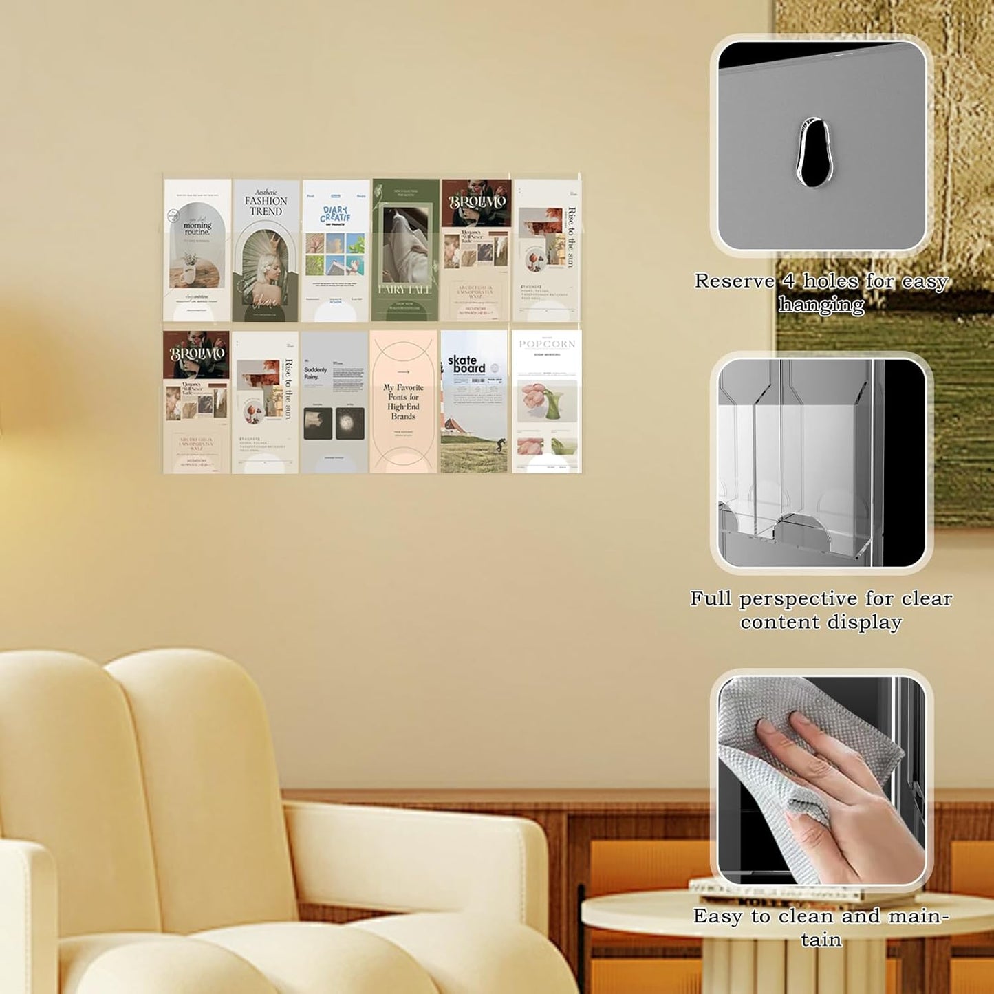 Acrylic Brochure Pamphlet Holder, 12 Pamphlet Holders, Clear Brochure Display Stand Wall Mount, Trifold Flyer Rack, Literature Storage Rack for Home, Offices, Waiting Room