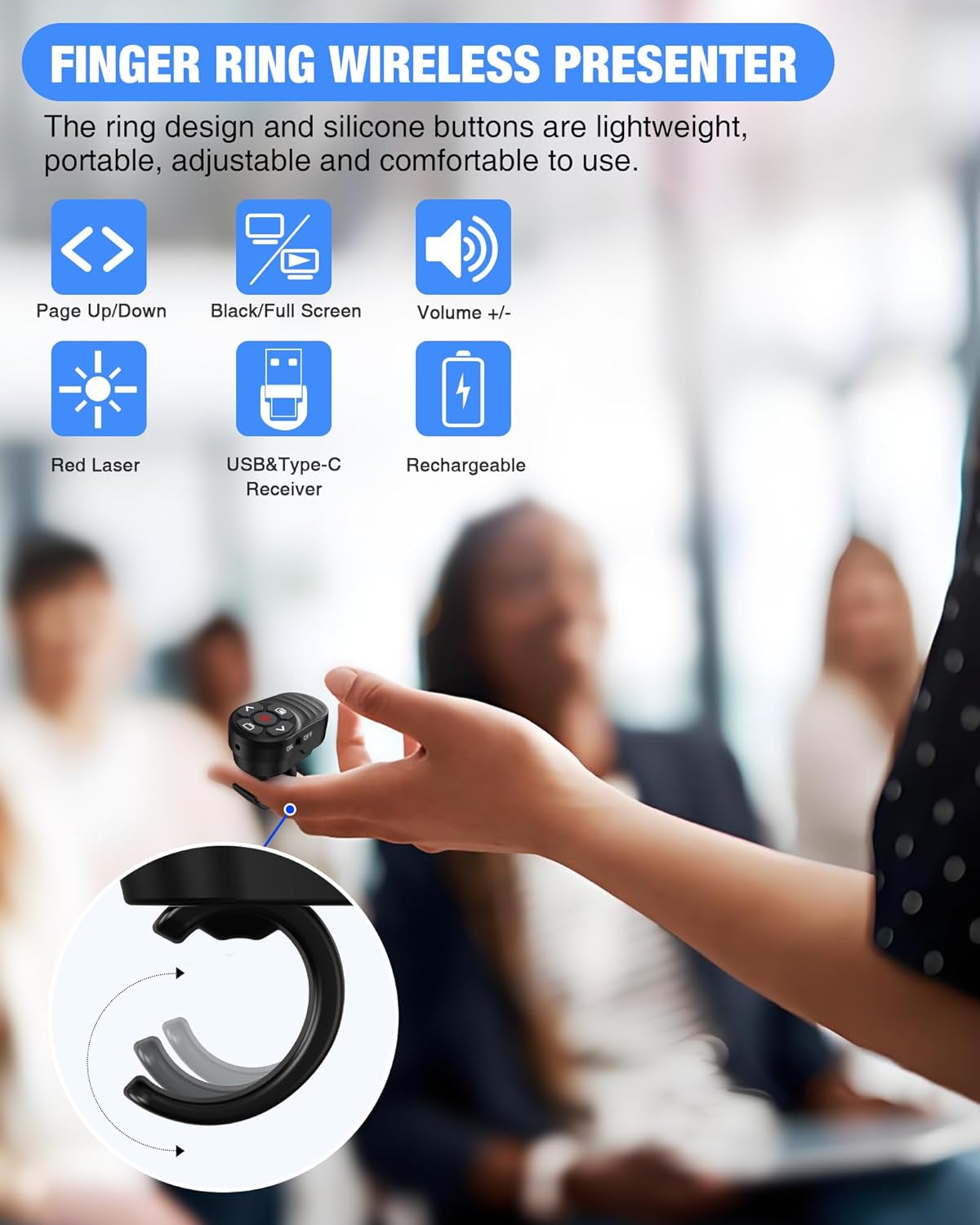 Wireless Finger Ring Presentation Clicker with Laser Pointer & Volume Control - Wearable Slide Advancer Remote for PowerPoint, Mac, Computer, Laptop