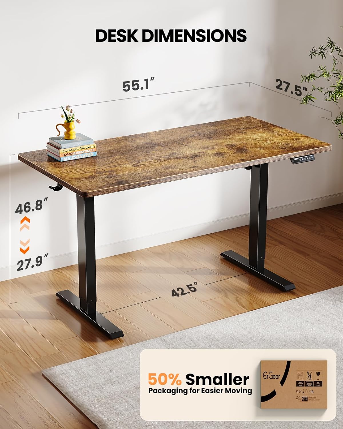 ErGear Electric Standing Desk, 55 x 28 inch Height Adjustable Sit Stand Up Desk, Computer Home Office Desk with 4 Memory Height Buttons, Two Pieces Desktop, Vintage Brown, EGESD112V