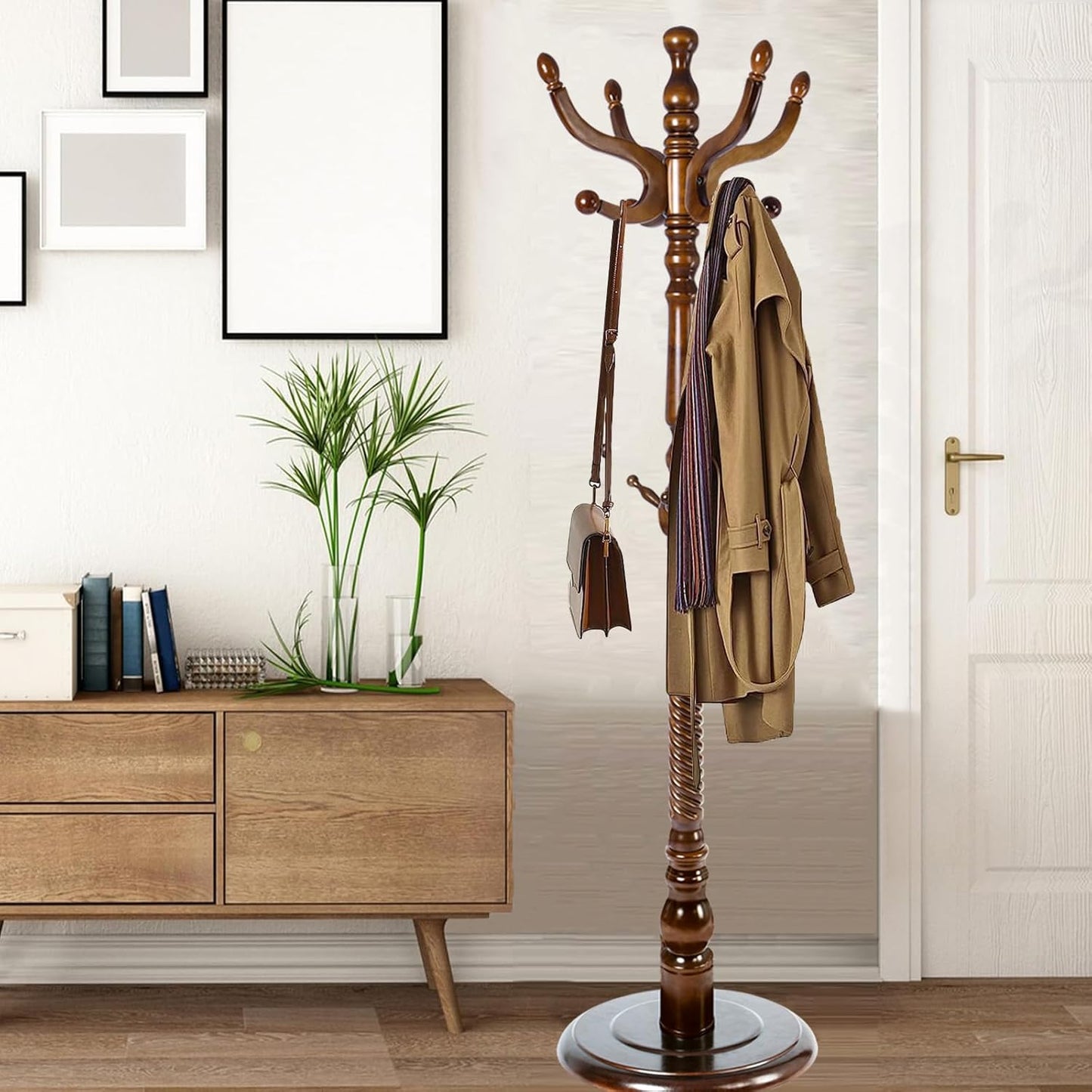 Coat Racks Free Standing with 11 Hooks, Natural Wood Coat Stands for Entryway, Adjustable Height 74 in Tree Coat Rack Stand for Hallway Home Office Bedroom (Brown Round Base)