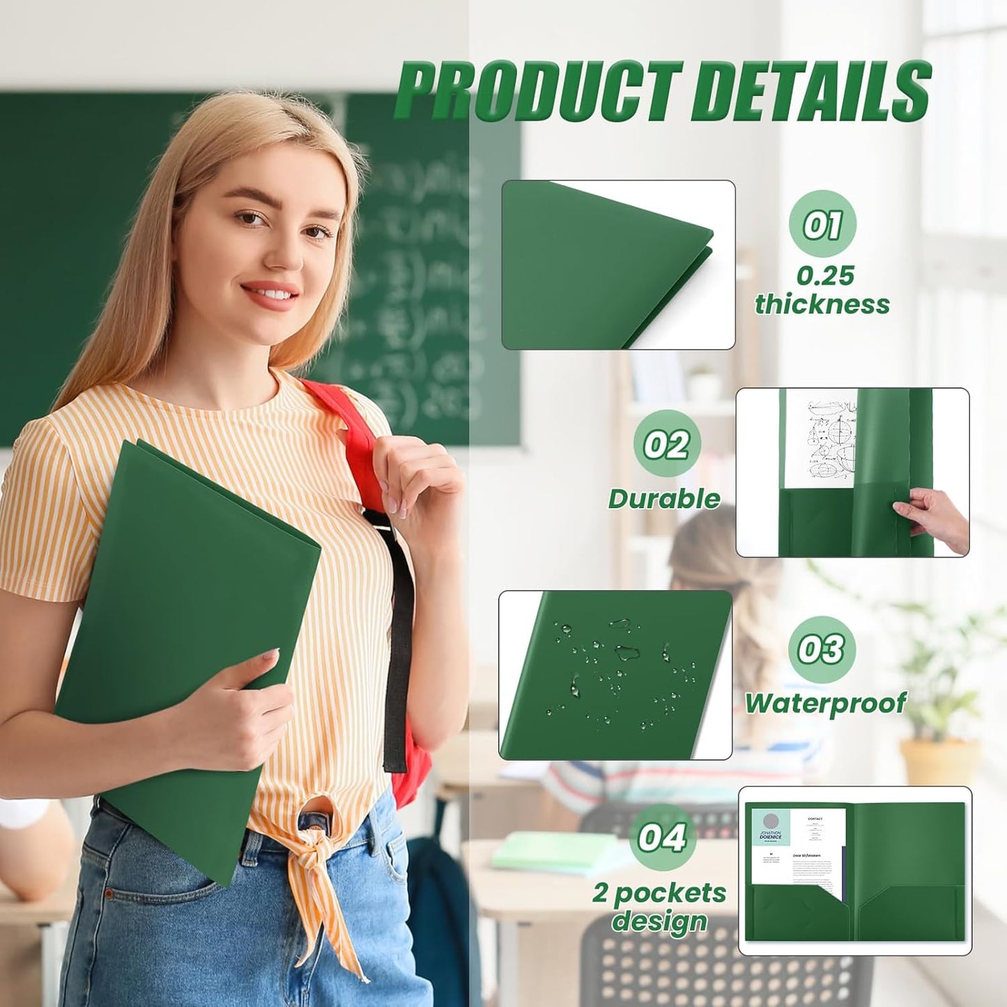 Gueevin 50 Pcs Plastic Folders with Pockets, Back to School Two Pocket Folder Fit Letter Size, Heavy Duty School Business Card Holder for Home Office, 11. 61 x 9. 45 Inches (Dark Green)