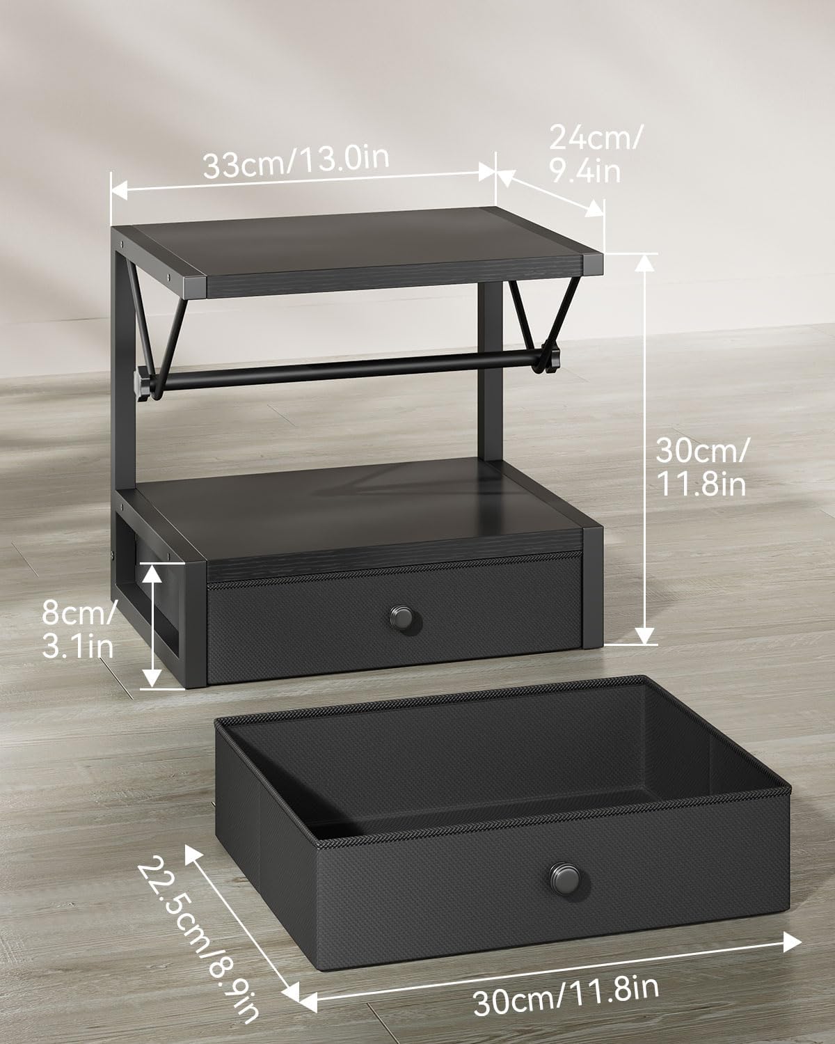 IBUYKE Label Holder for Rolls and Fan-Fold Labels,Wooden Thermal Shipping Label Stand With Drawer Desktop Printer Holder for Home, Office, Small Business,Black TPS003B