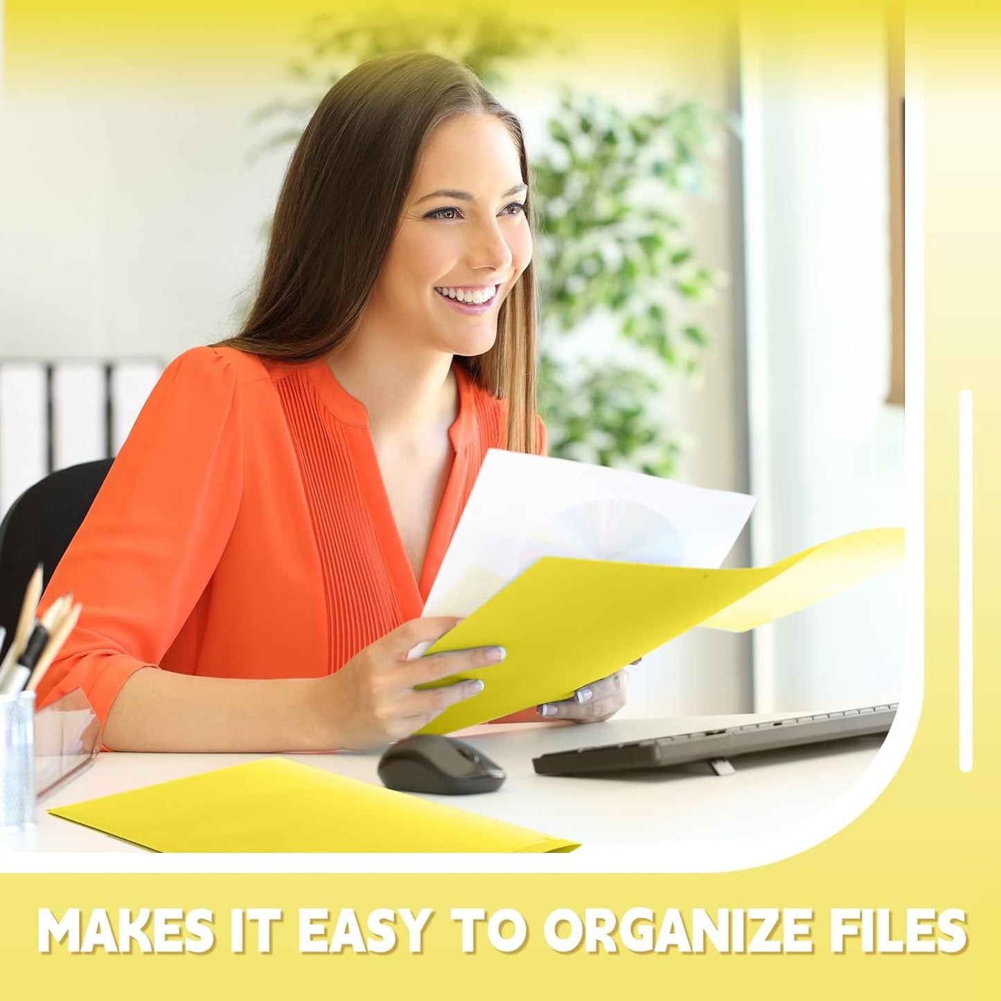 Gueevin 300 Pcs Plastic Folders with Pockets, Two Pocket Folder Fit 8.5 x 11 Inch Letter Size Paper, Heavy Duty School Folders Business Card Holder for Home Office School Bussiness (Yellow)