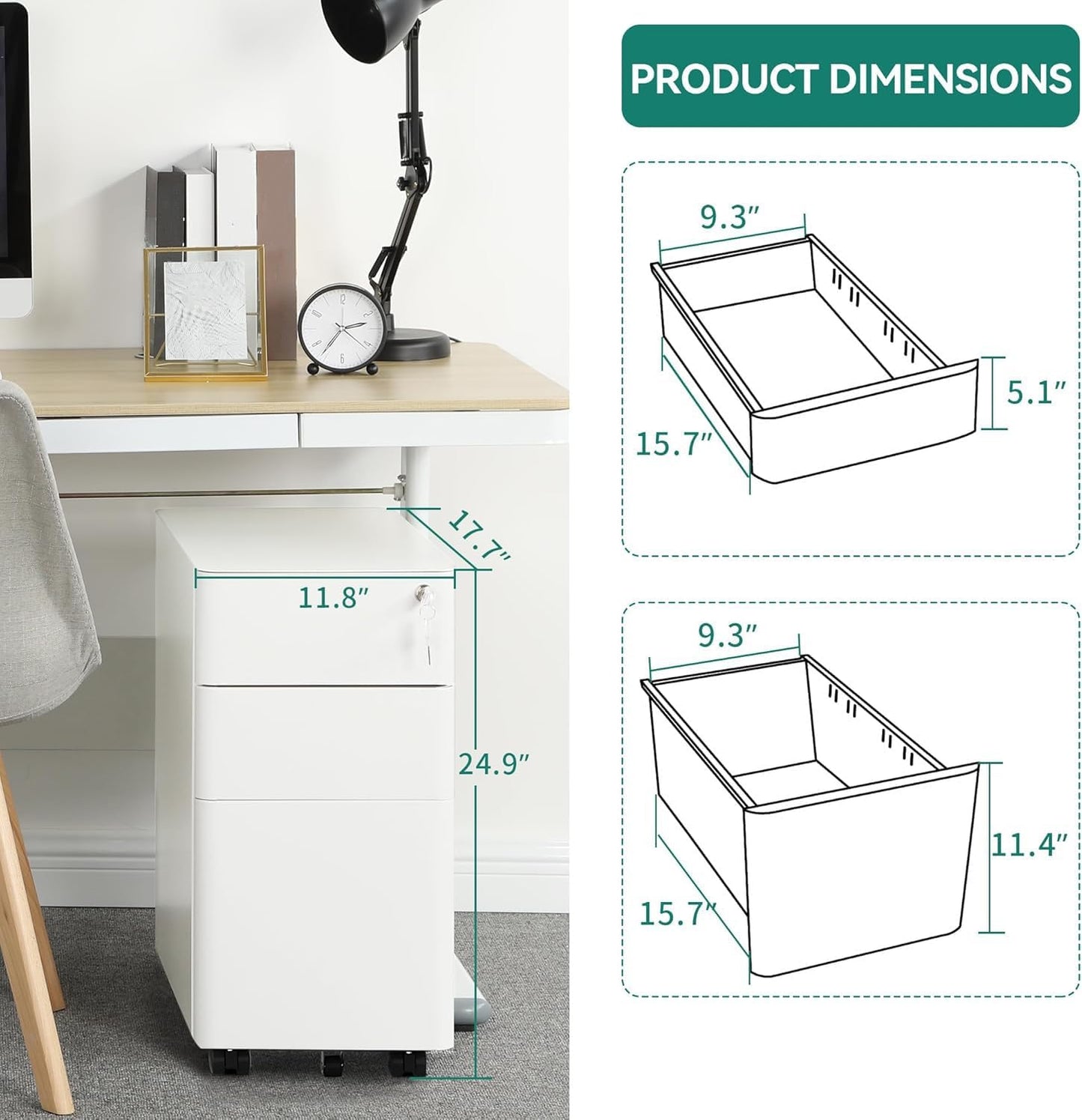 YITAHOME 3 Drawer File Cabinet, Mobile Filing Cabinet for Home Office, Metal Slim File Cabinet Drawers with Keys, Pre-Built Office Storage Cabinet for A4/Letter/Legal (White)