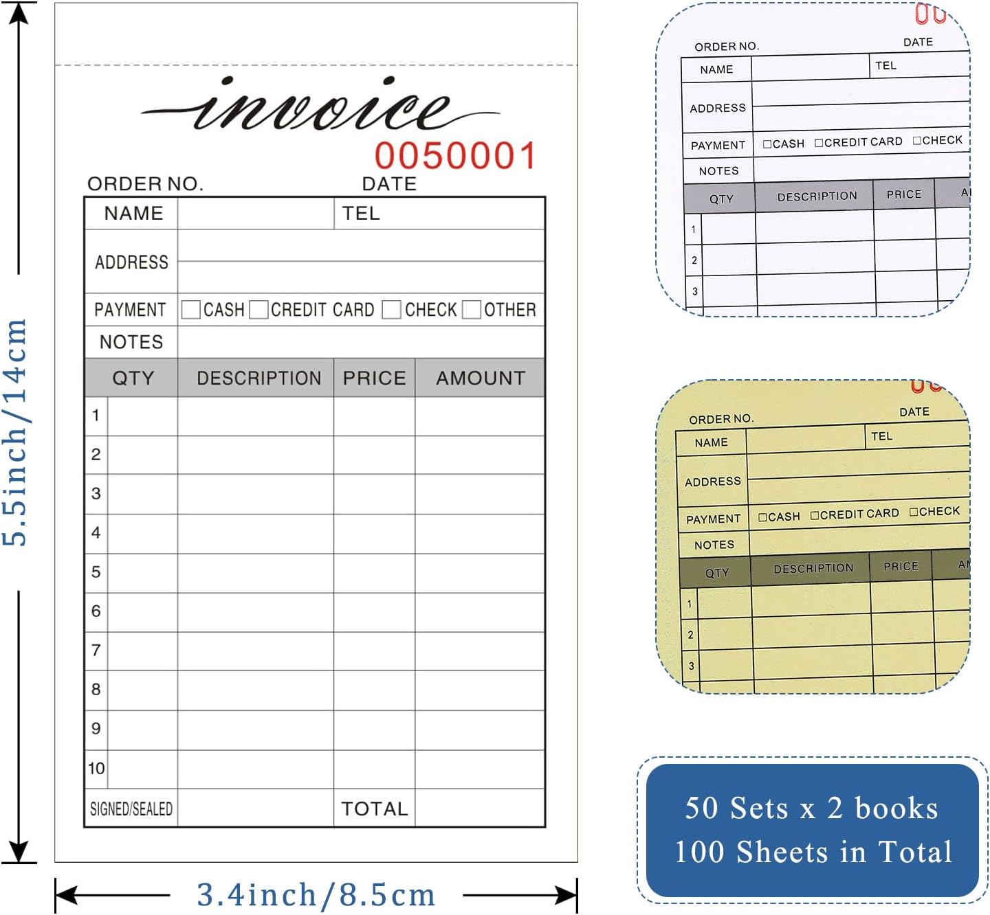 Invoice Receipt Book, 3.4x5.5" Handheld 2-Part Carbonless Sales Invoice Book, Invoice Pad with Cardboard for Small Boutique Business, (50 Sets * 2 Pack)