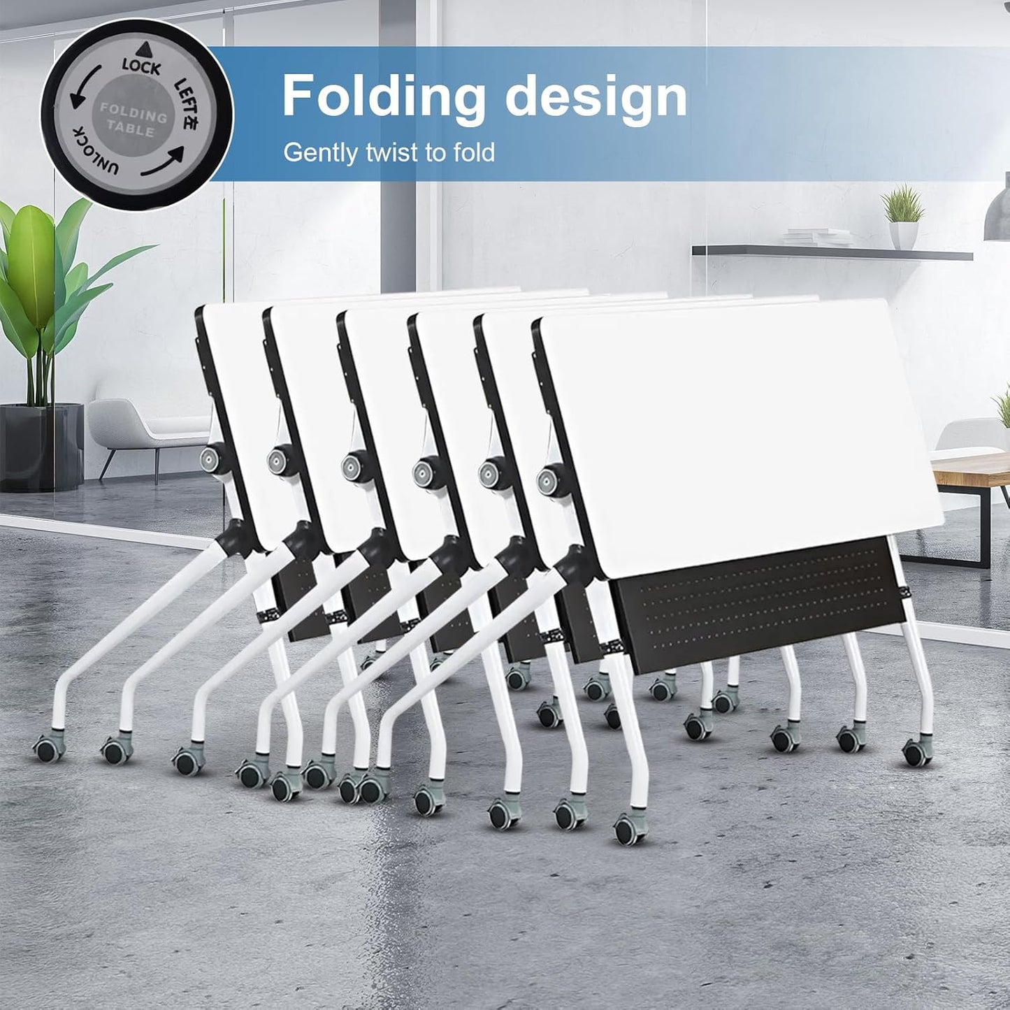 Conference Table, Folding Conference Room Tables, Mobile Training Tables with Silent Wheels, Large Rectangular Modular Seminar Table Office Computer Desks for Classroom White (10Pack L55.1in)