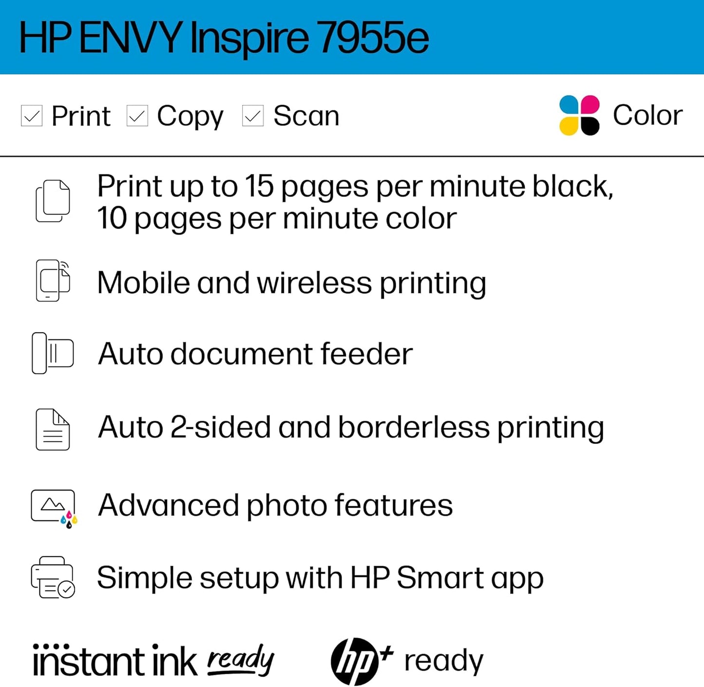 HP ENVY Inspire 7955e Wireless Color Inkjet Printer, Print, scan, copy, Easy setup, Mobile printing, Best-for home, 3 month Instant Ink trial included, White