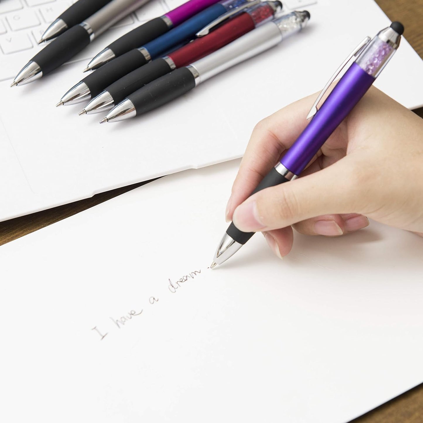 MiSiBao Stylus Pens for Touch Screens, Medium Point Pens with Crystals for Women and Kids Black Ink Pen with Stylus Ballpoint Pens with Comfort Grip for The Ipad (Style-5 Count+3 Refills)