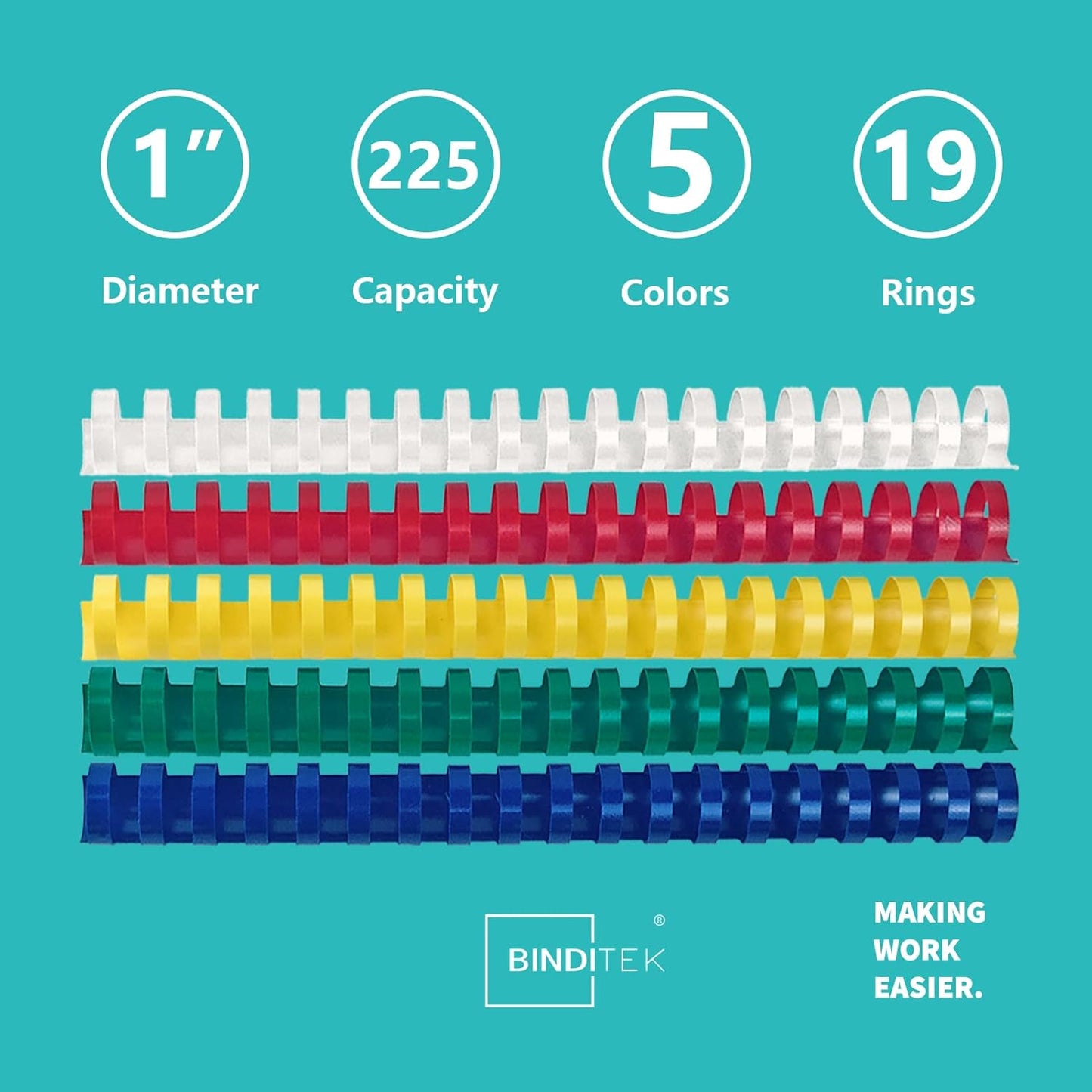 Binditek 20 Pack Plastic Binding Comb Spines, 1 Inch Diameter, 225 Sheet Capacity, 19 Ring, for Letter Size, Multi Color (White, Yellow, Red, Green, Blue), for Students and Coworkers