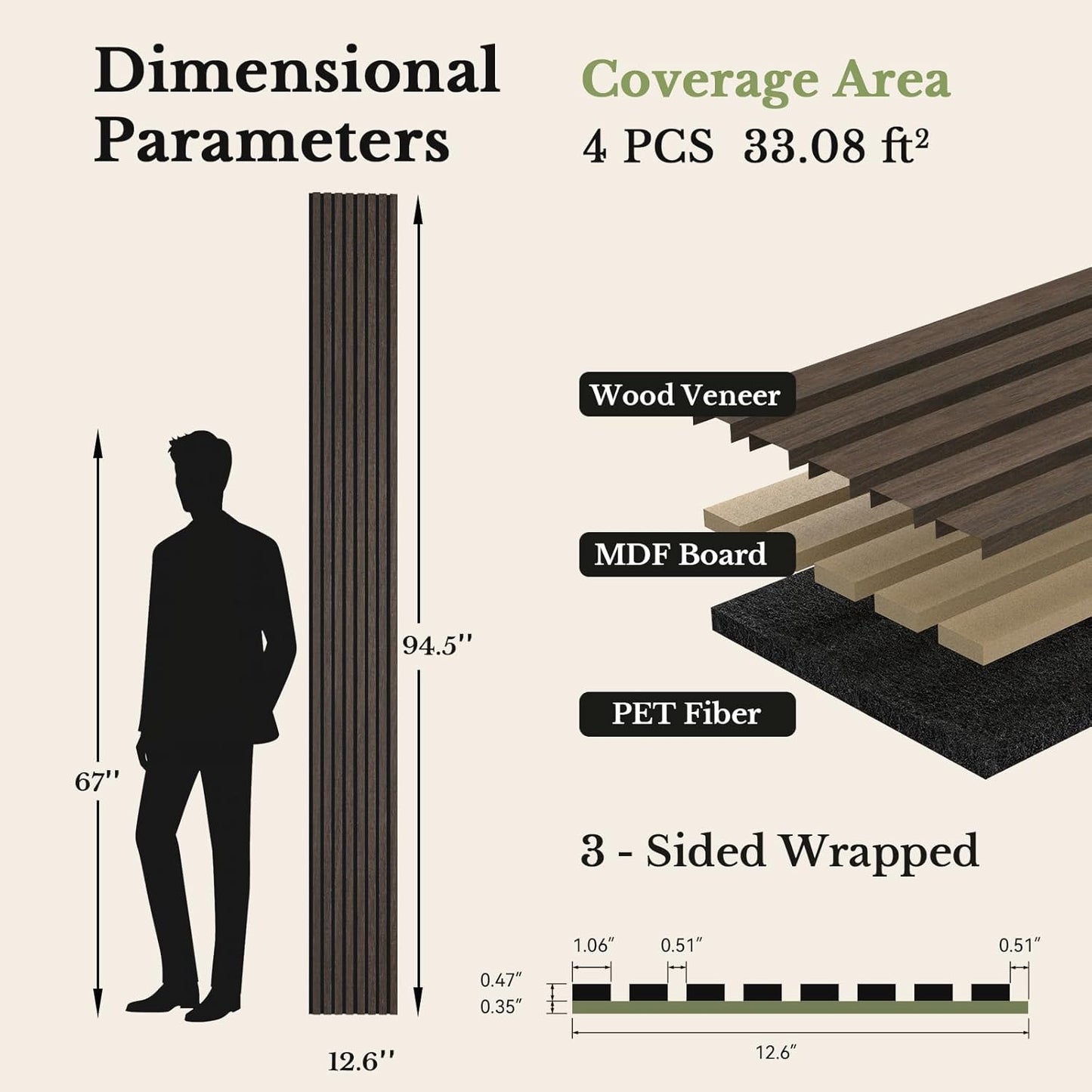 MISSDAY Wood Slat Acoustic Wall Panels, 4 Packs 94.5" x 12.6" Dark Walnut Soundproof Panel For Interior Wall Decor Noise Absorbing-3D Textured Wooden Panel Sound-Absorbing for Home, Office, Studio
