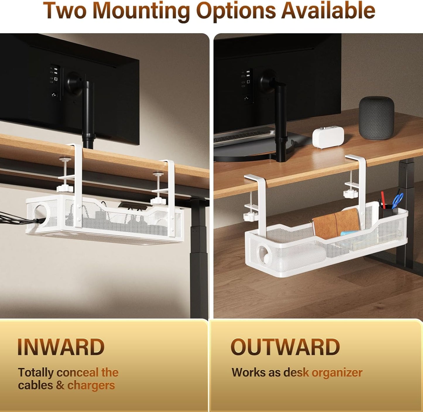[Upgraded] 2 Pack Under Desk Cable Management Tray, Cinati Cord Organizers for Table Thickness up to 3", 16" Wire Organization with Clamp No Drill, Cable Management Box for Office - No Damage to Desk