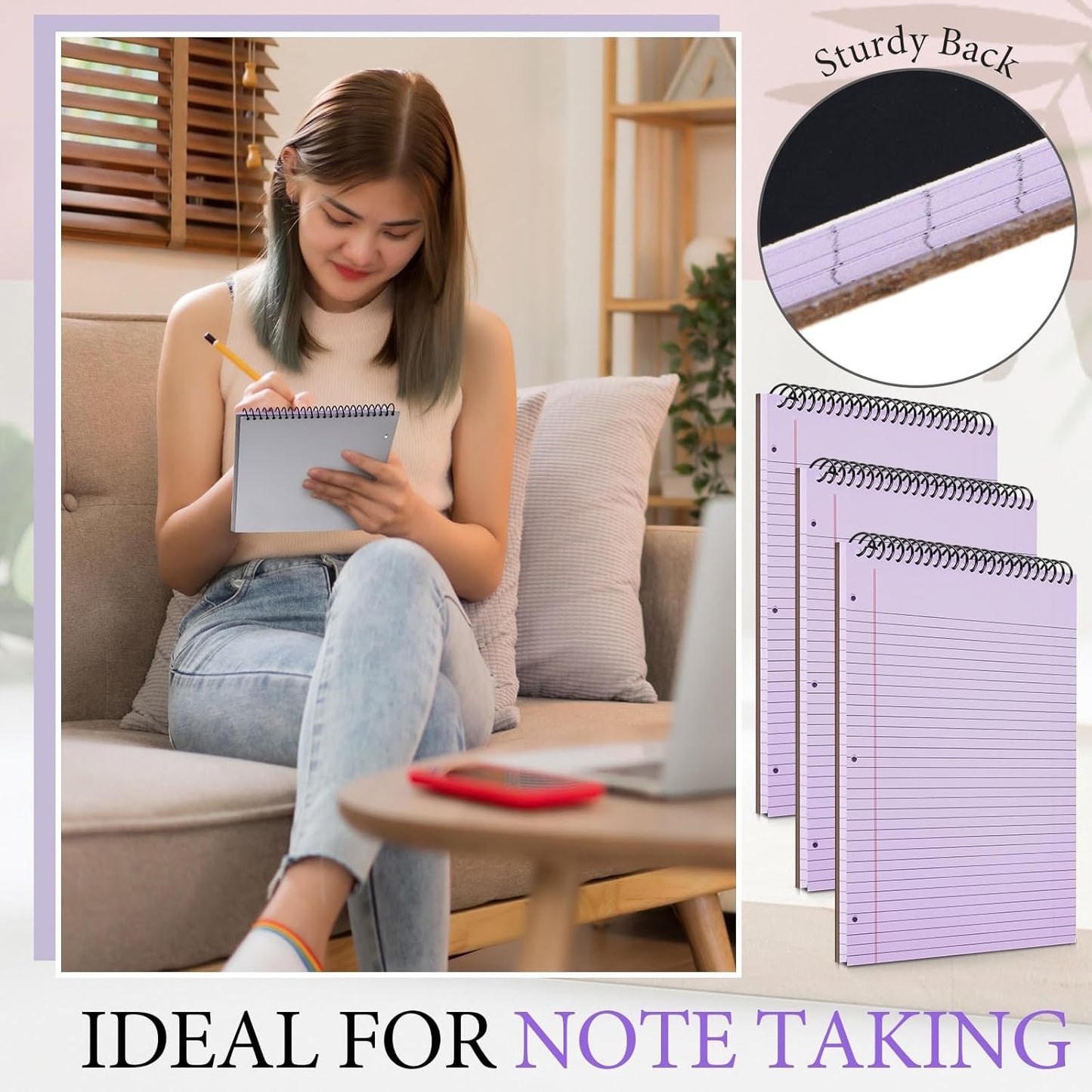 3 Packs 8.5" x 11" Top Spiral Notebook with 3 Hole Punched Legal Pads College Ruled Notepad 50 Sheets Hard Cardboard Paper Wirebound Notepad for Office School Business (Purple)