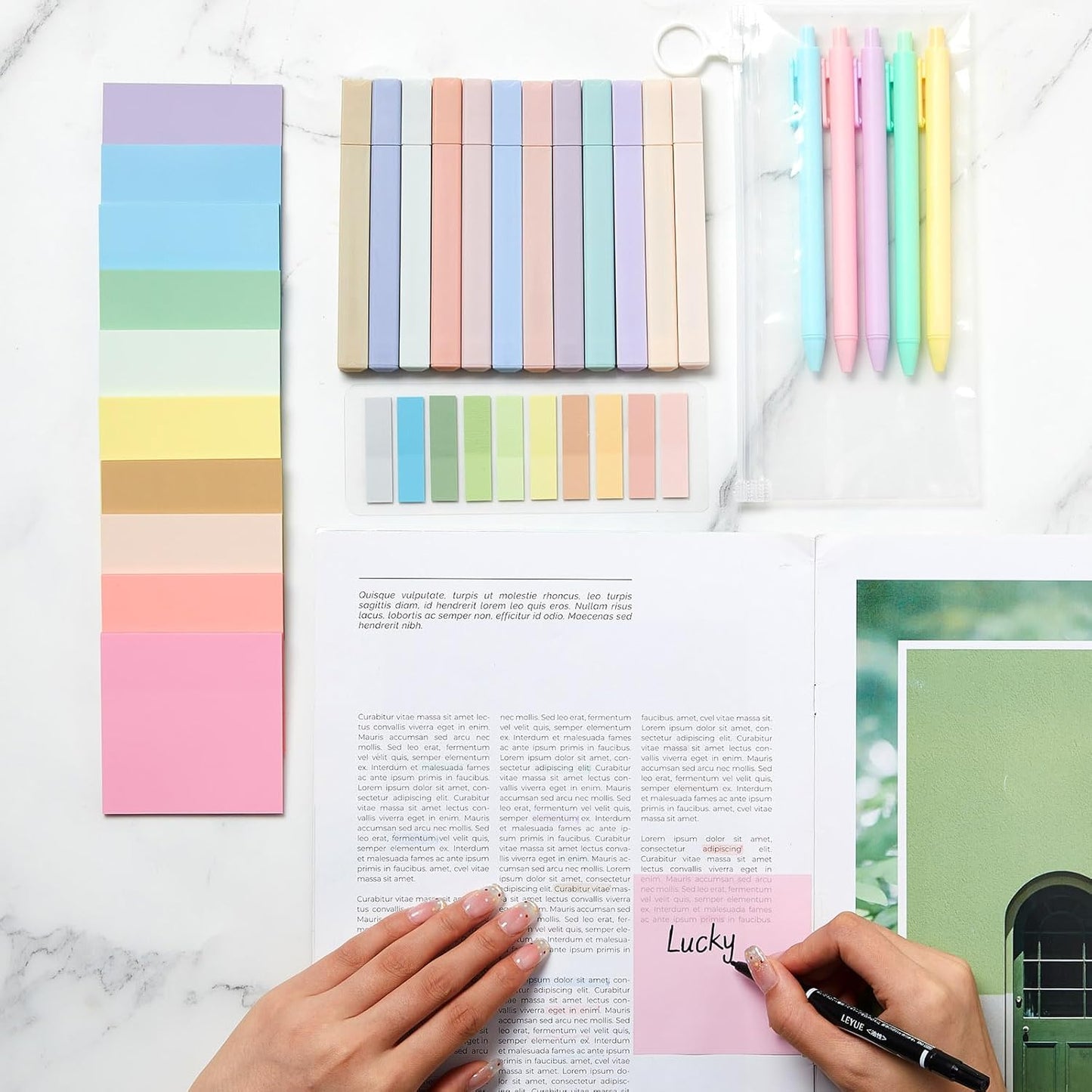 Jutom 38 Pcs Book Annotation Kit Aesthetic Highlighters Gel Pens Set Sticky Notes Tabs Markers Dual Ended Highlighter Quick Dry Ink Pens for Office Annotating Books(Pastel Color,Square)