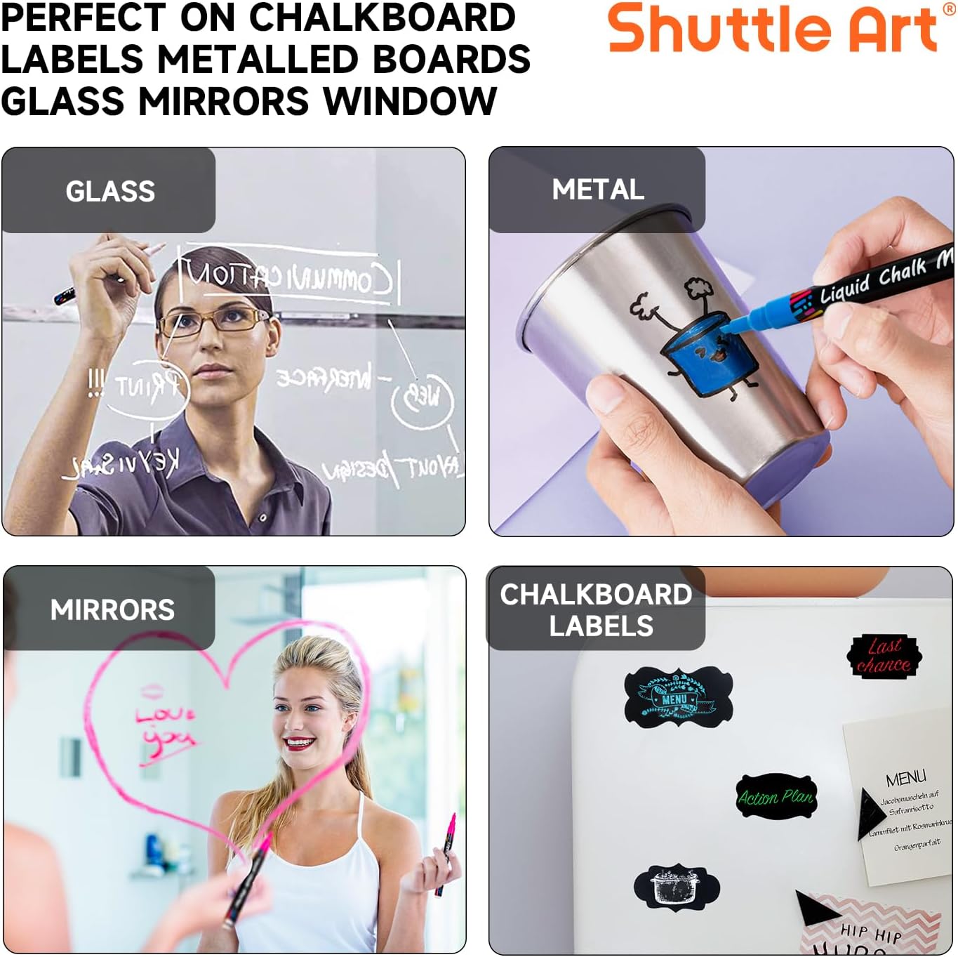 Shuttle Art Chalk Markers, 30 Vibrant Colors Liquid Chalk Markers Pens for Chalkboards, Windows, Glass, Cars, Erasable, 3mm Reversible Fine Tip with Chalkboard Labels for Office Home Supplies