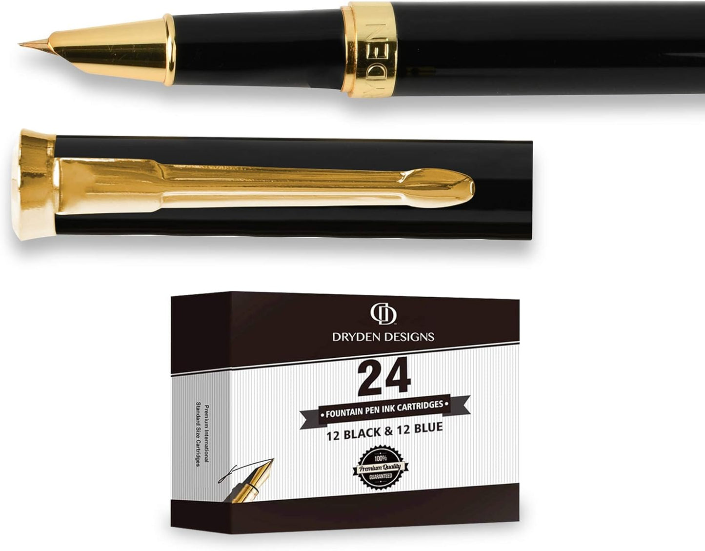 Dryden Designs Fine Nib Fountain Pen - Includes 24 Ink Cartridges - 12 Black and 12 Blue - Black - Smooth Elegant Writing with Fine Nib and Ink Converters