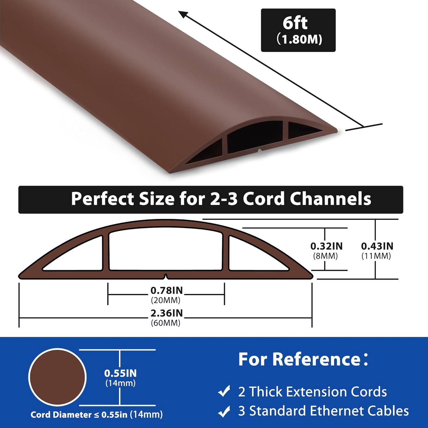 Cord Hider Floor 6ft LZEOY, Heavy Duty Cord Covers for Wires on Floor, Brown Floor Cable Management, Hide Cord Cover Floor, Electrical Cable Hider Cord Protector Floor, Cable Cavity: 0.78" W x 0.32" H