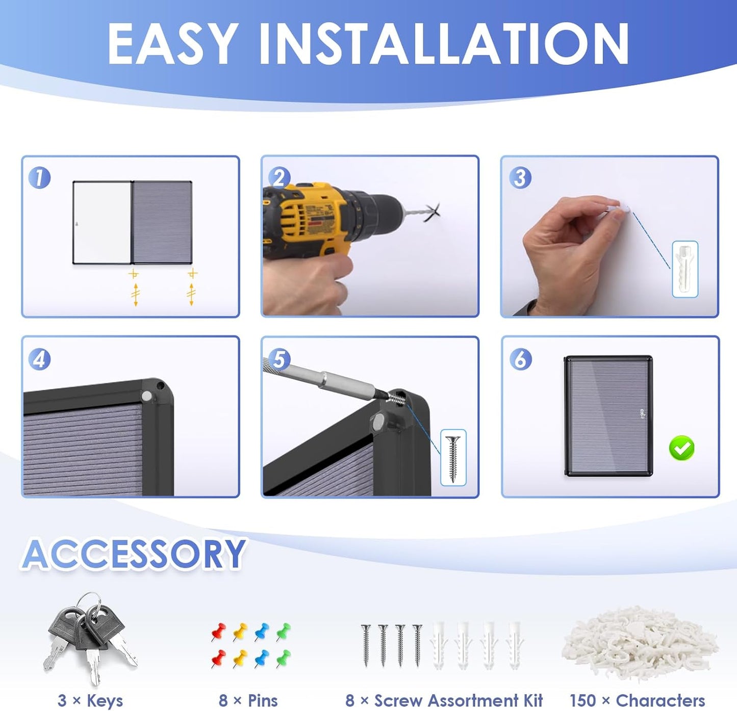 SWANCROWN Enclosed Bulletin Board with Locking Door 20x14 in, Lockable Felt Letter Board Sign Tamperproof Message Board for Office School Home, Black Aluminum Frame, Grey